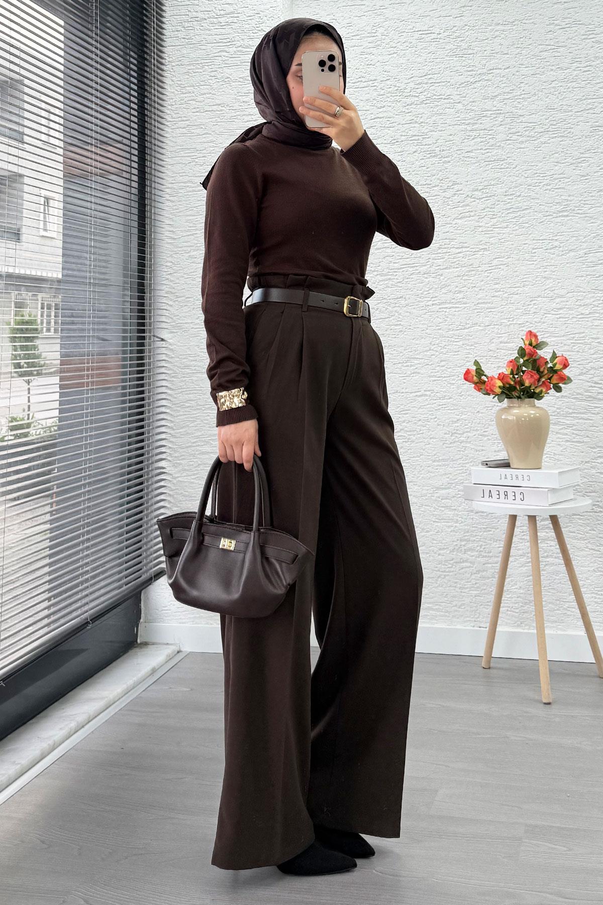 Premium Yüksek Bel Kemerli Pile Detay Palazzo Pantolon – Kahverengi