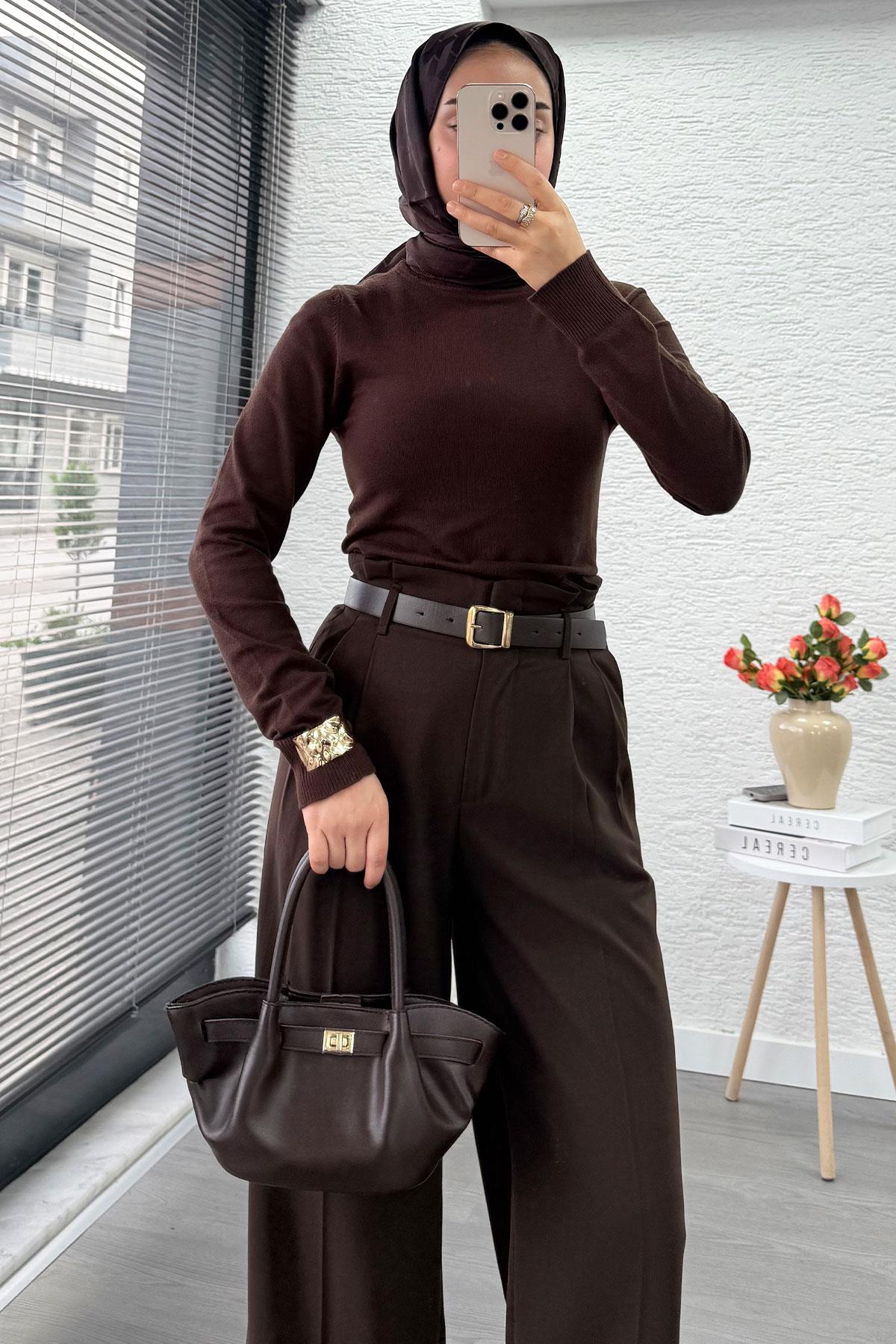 Premium Yüksek Bel Kemerli Pile Detay Palazzo Pantolon – Kahverengi