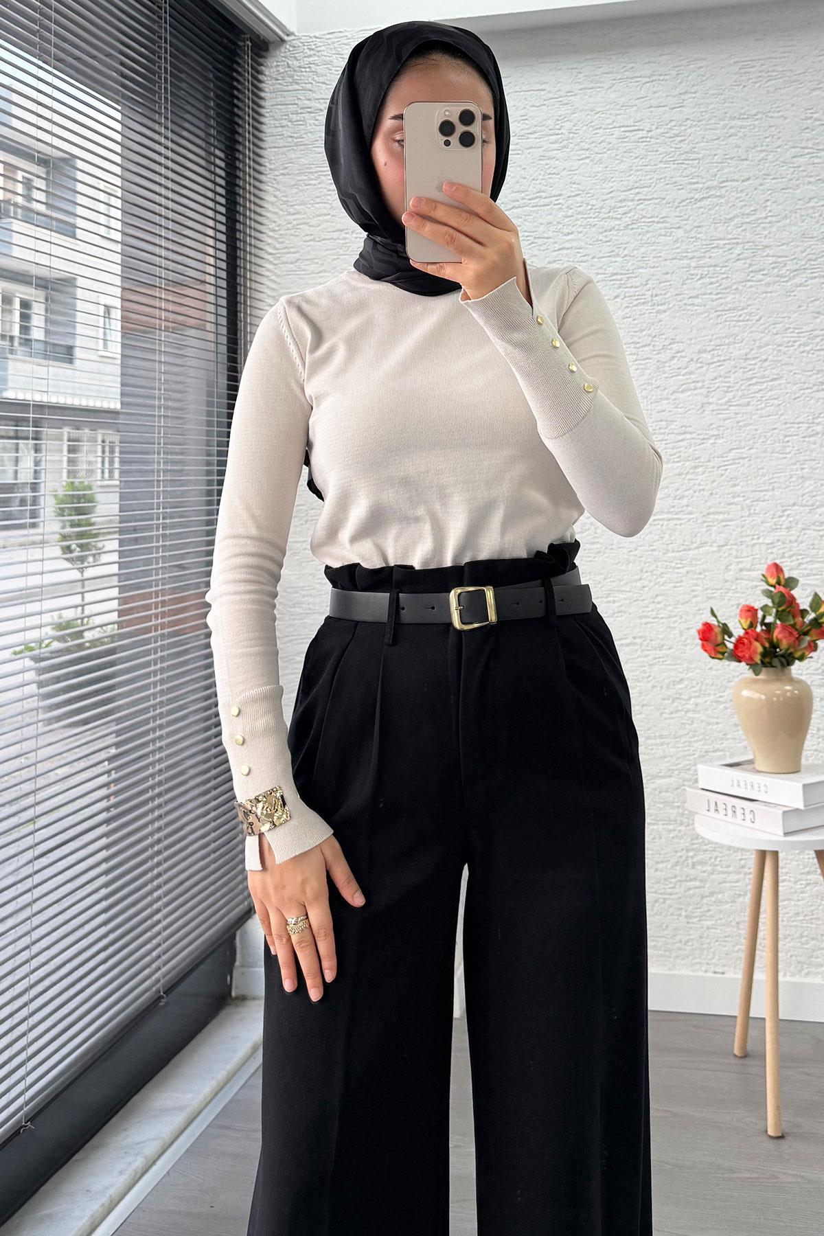 Premium Yüksek Bel Kemerli Pile Detay Palazzo Pantolon – Siyah