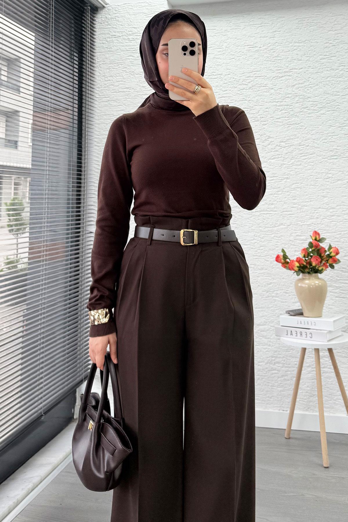 Premium Yüksek Bel Kemerli Pile Detay Palazzo Pantolon – Kahverengi