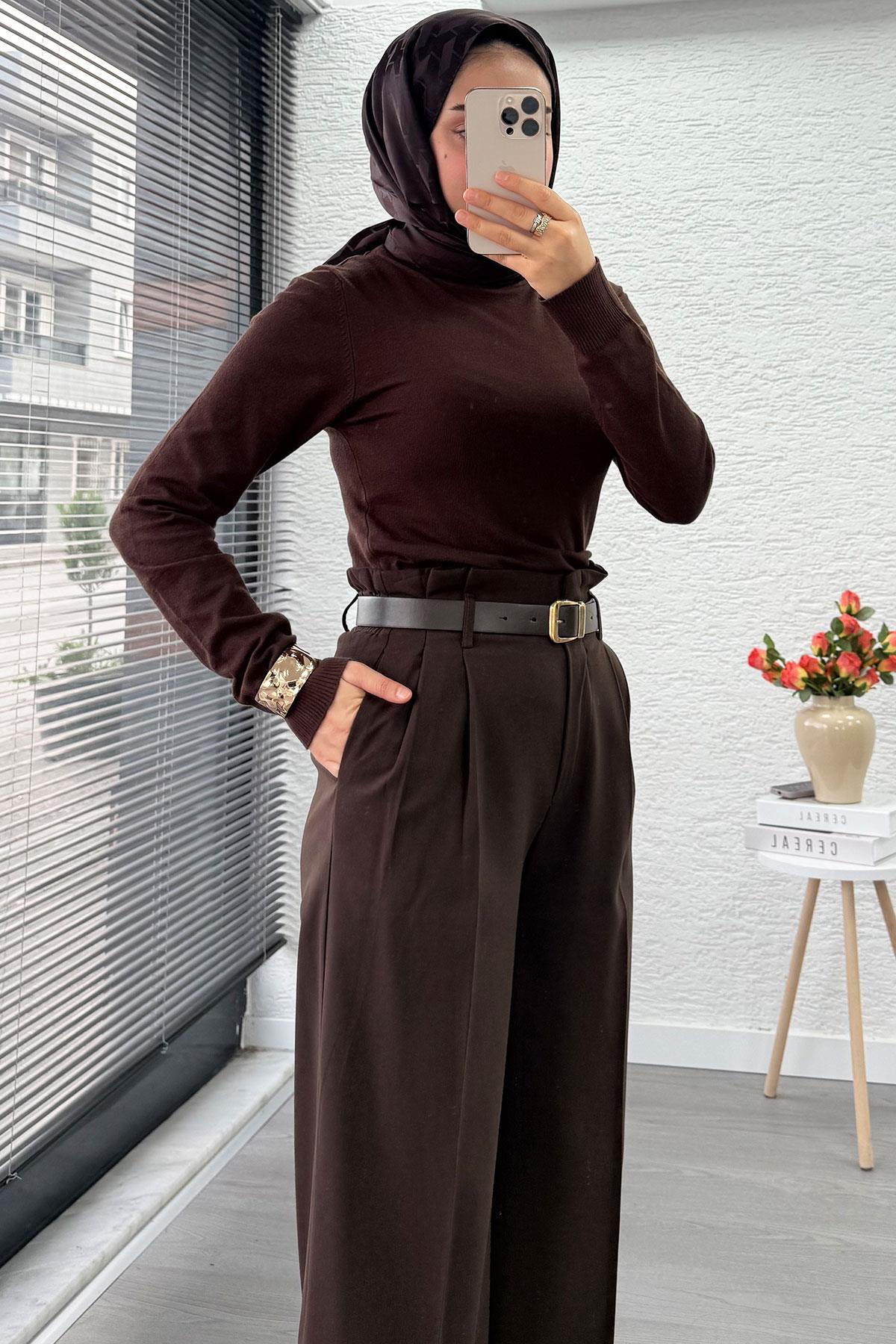 Premium Yüksek Bel Kemerli Pile Detay Palazzo Pantolon – Kahverengi