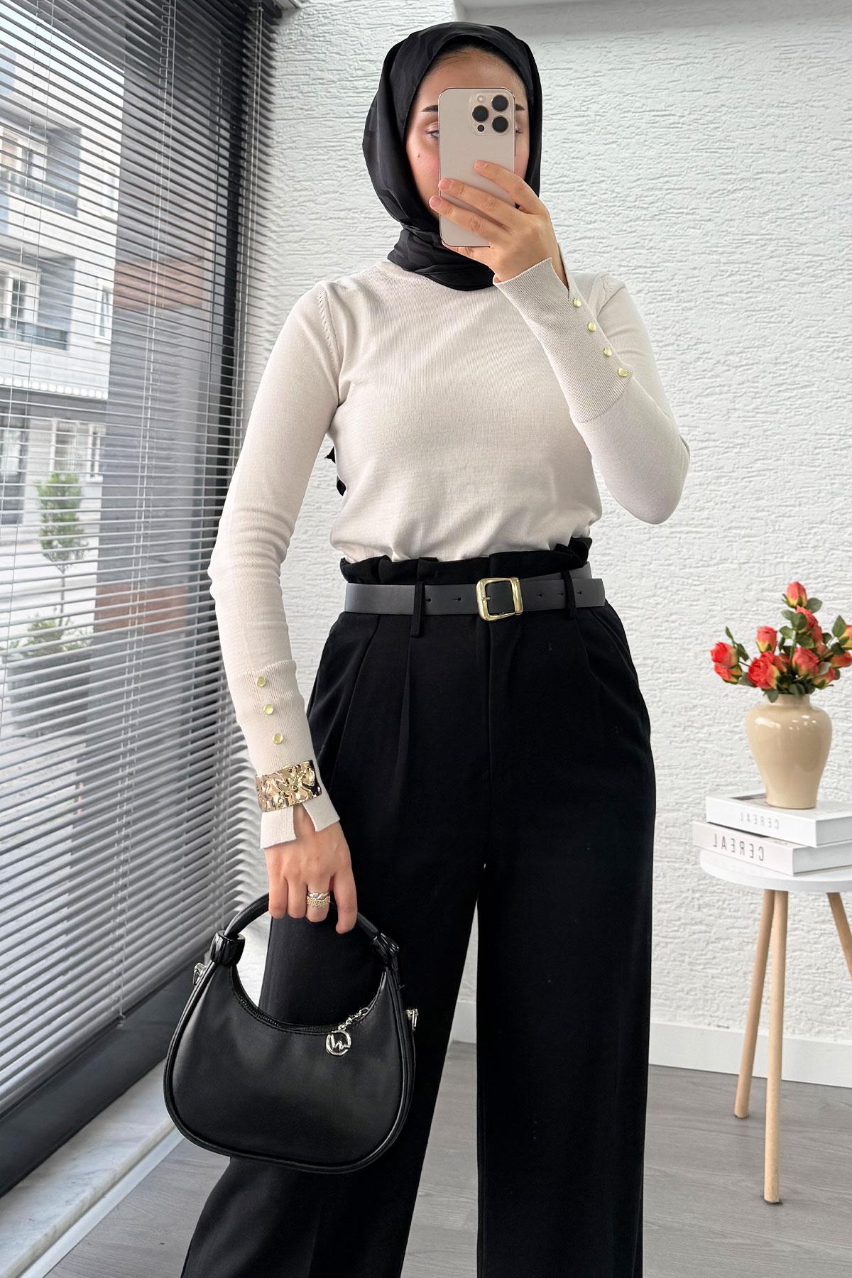 Premium Yüksek Bel Kemerli Pile Detay Palazzo Pantolon – Siyah