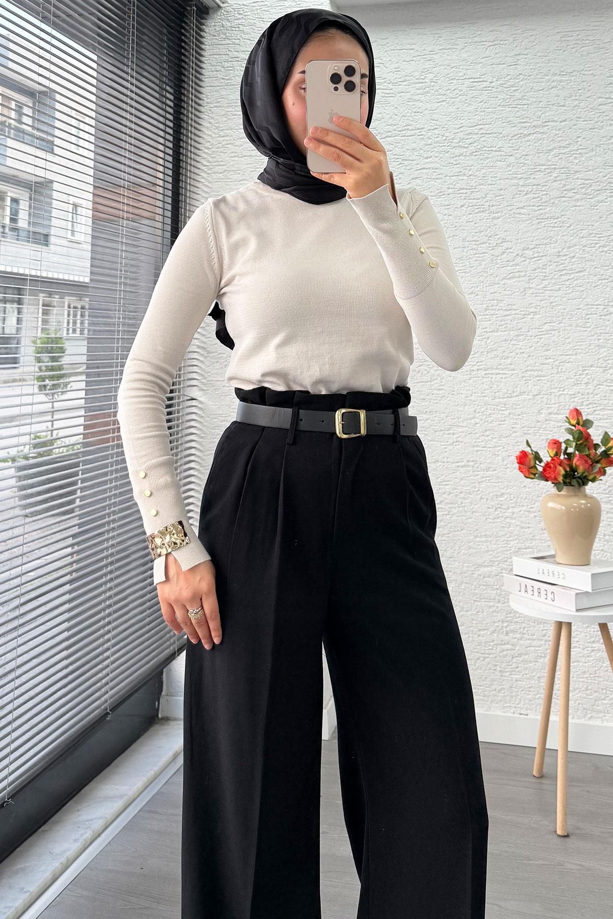 Premium Yüksek Bel Kemerli Pile Detay Palazzo Pantolon – Siyah