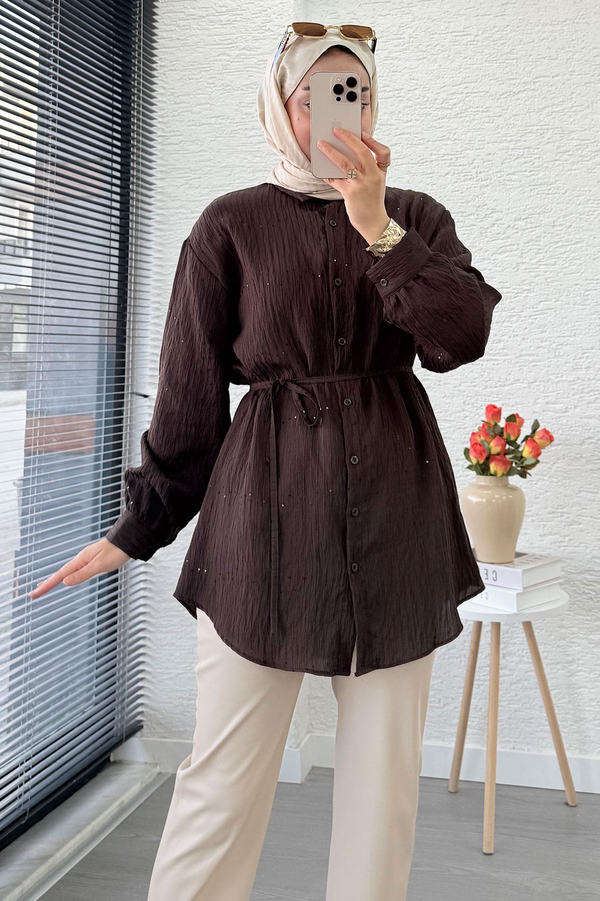 Pul Detaylı Kemerli Kadın Gömlek Tunik – Kahverengi