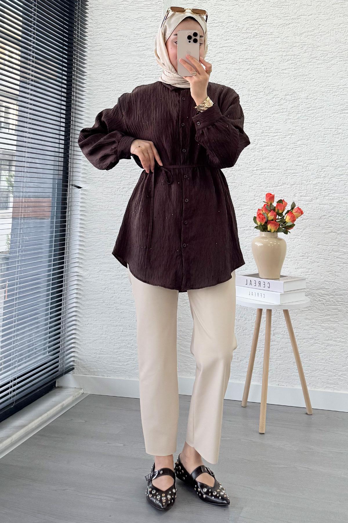 Pul Detaylı Kemerli Kadın Gömlek Tunik – Kahverengi