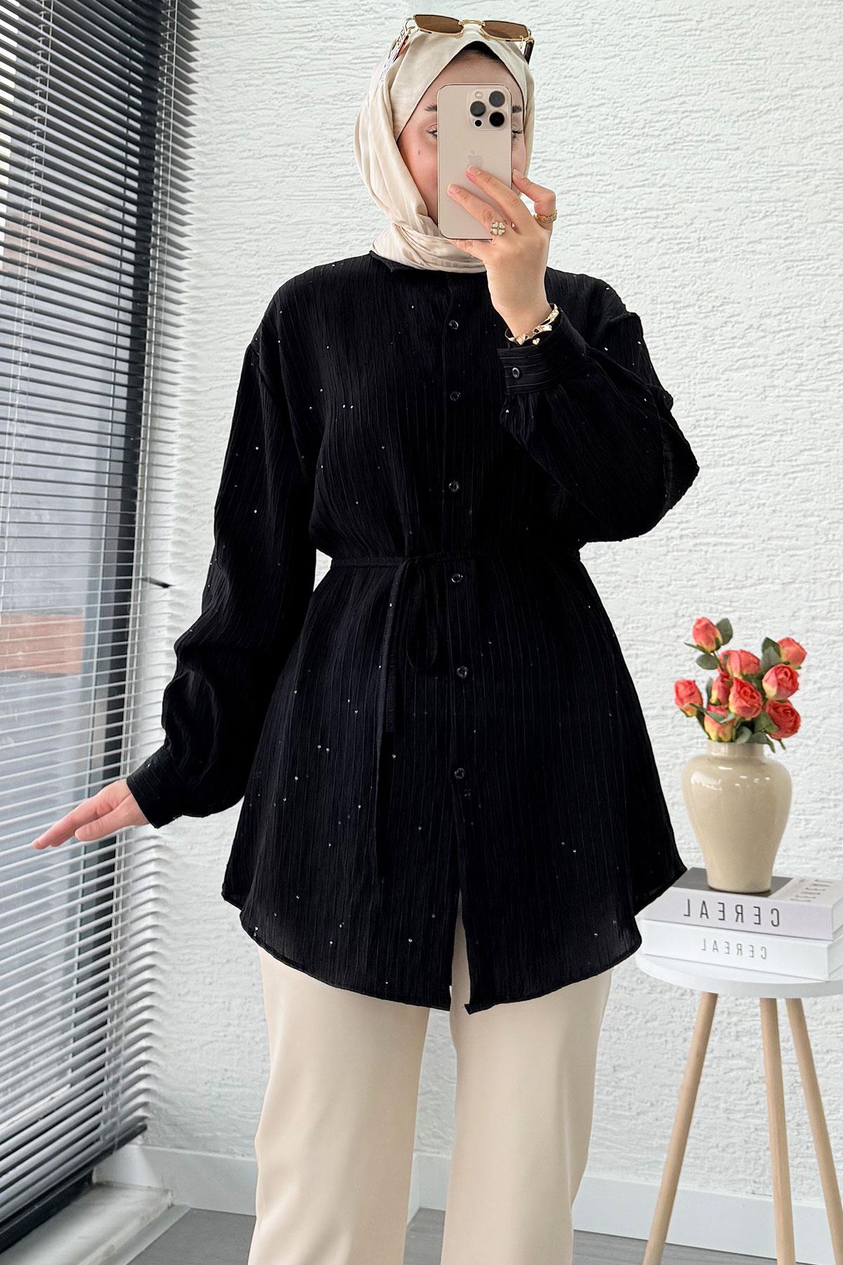 Pul Detaylı Kemerli Kadın Gömlek Tunik – Siyah