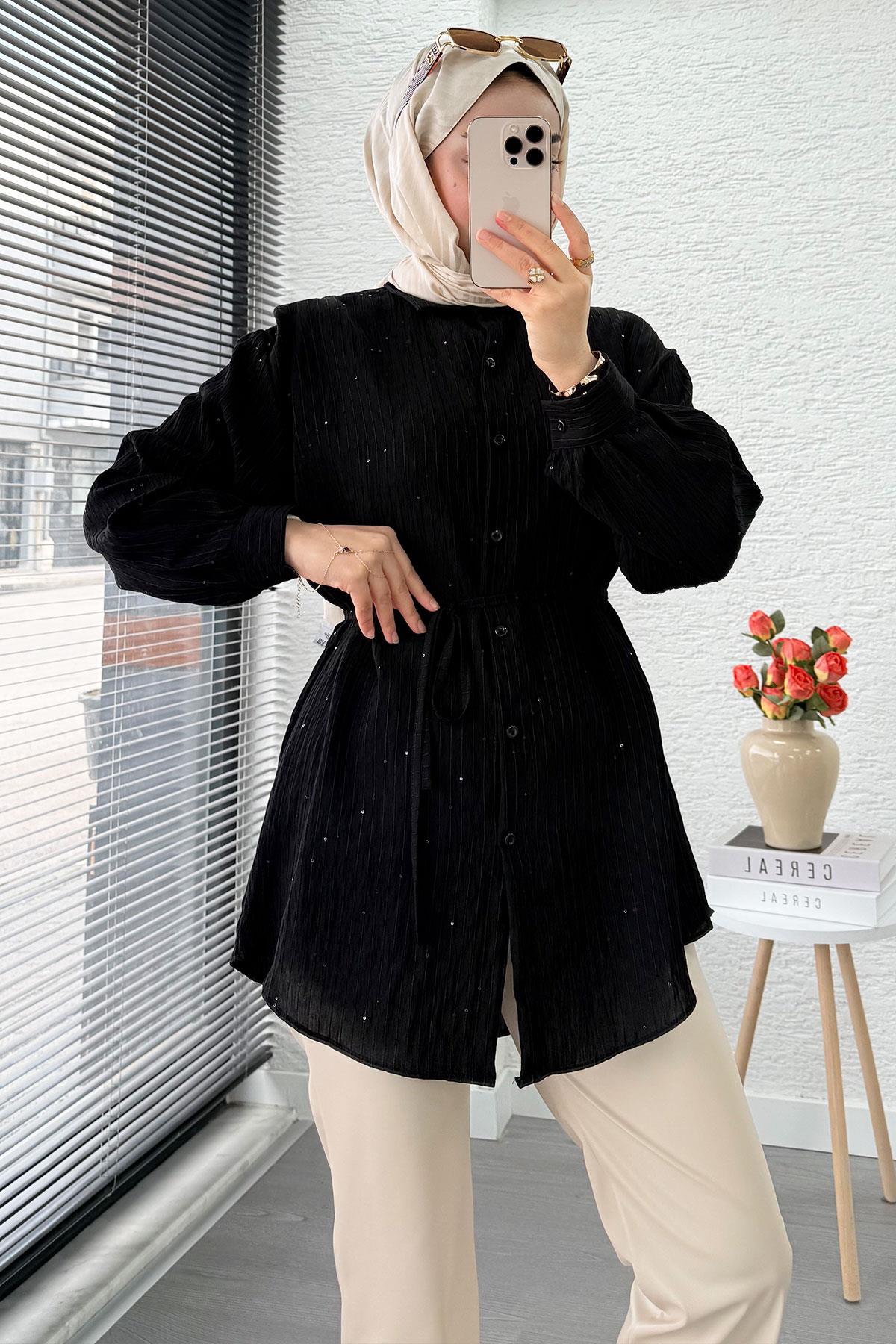 Pul Detaylı Kemerli Kadın Gömlek Tunik – Siyah