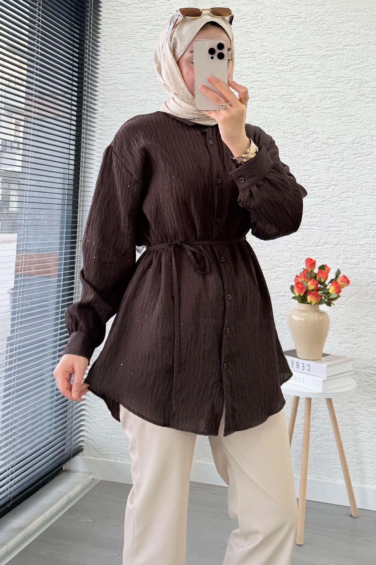 Pul Detaylı Kemerli Kadın Gömlek Tunik – Kahverengi