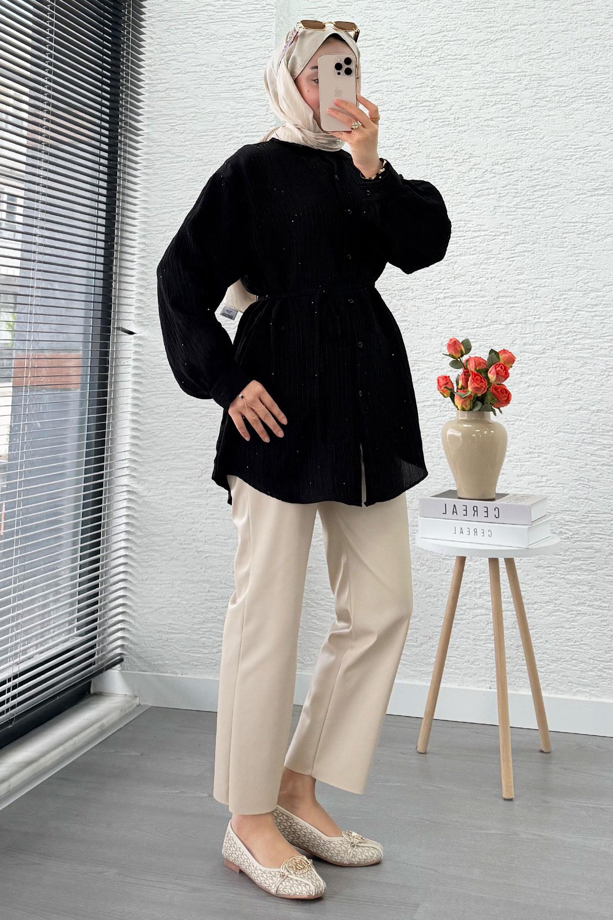 Pul Detaylı Kemerli Kadın Gömlek Tunik – Siyah