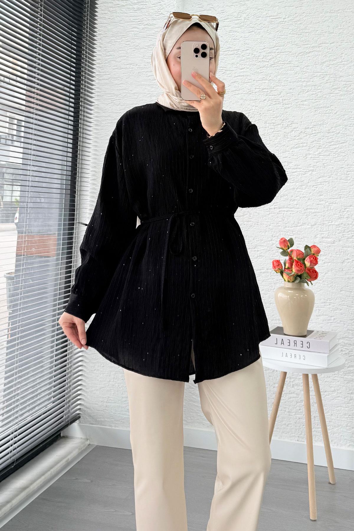 Pul Detaylı Kemerli Kadın Gömlek Tunik – Siyah