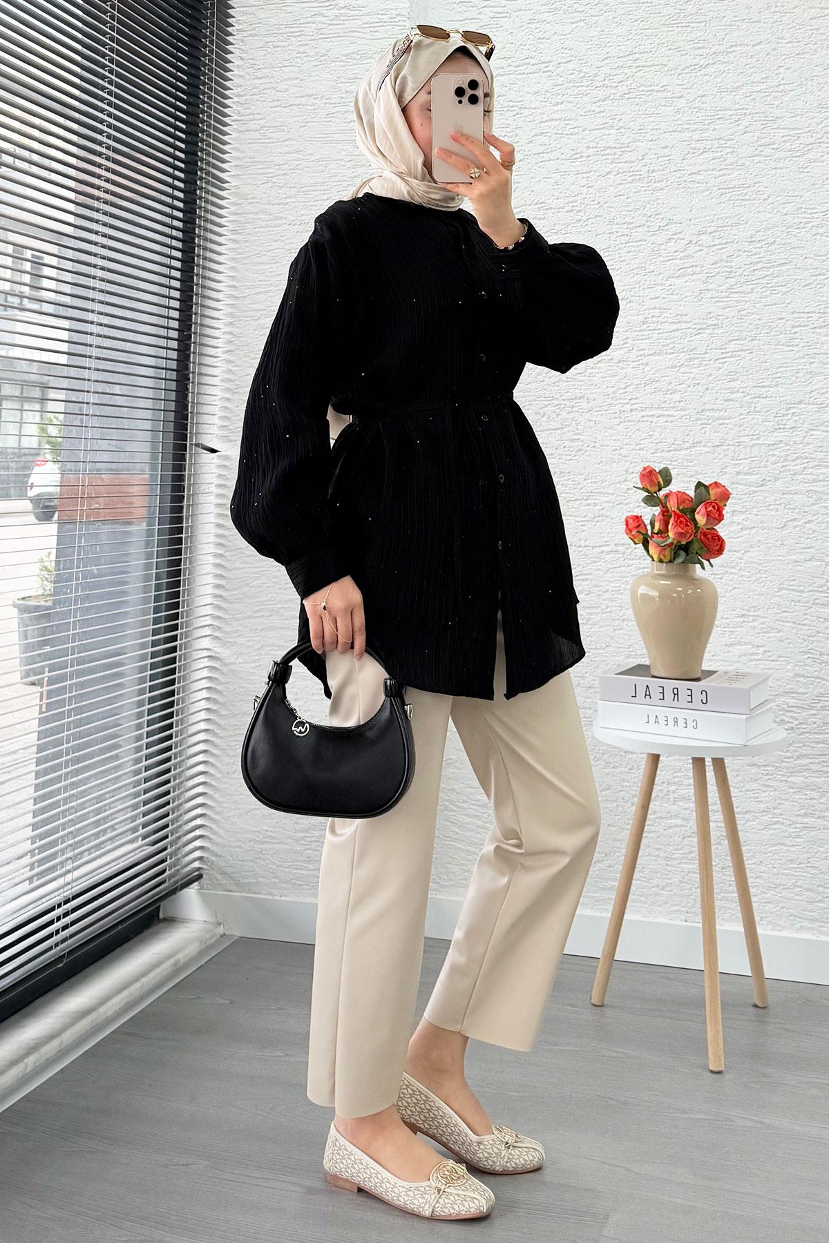 Pul Detaylı Kemerli Kadın Gömlek Tunik – Siyah