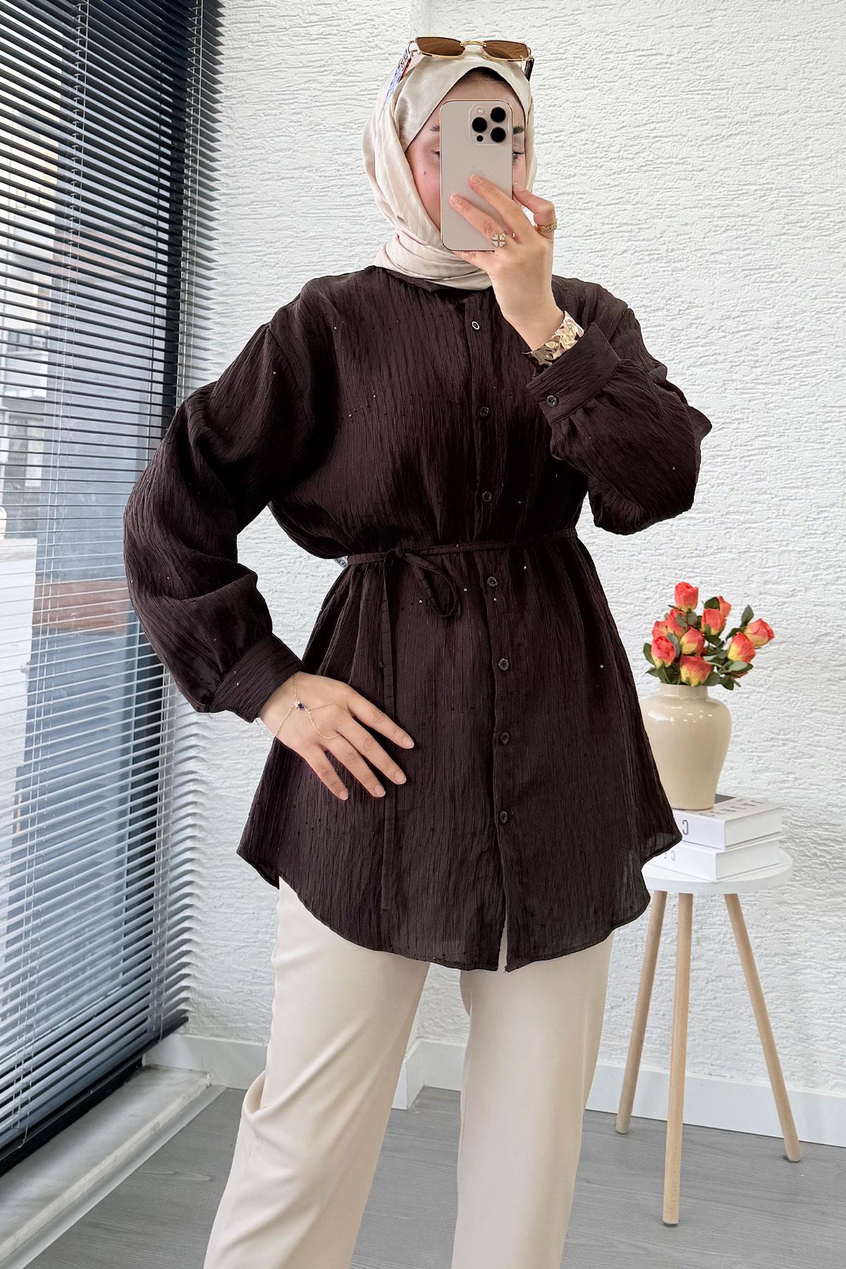 Pul Detaylı Kemerli Kadın Gömlek Tunik – Kahverengi