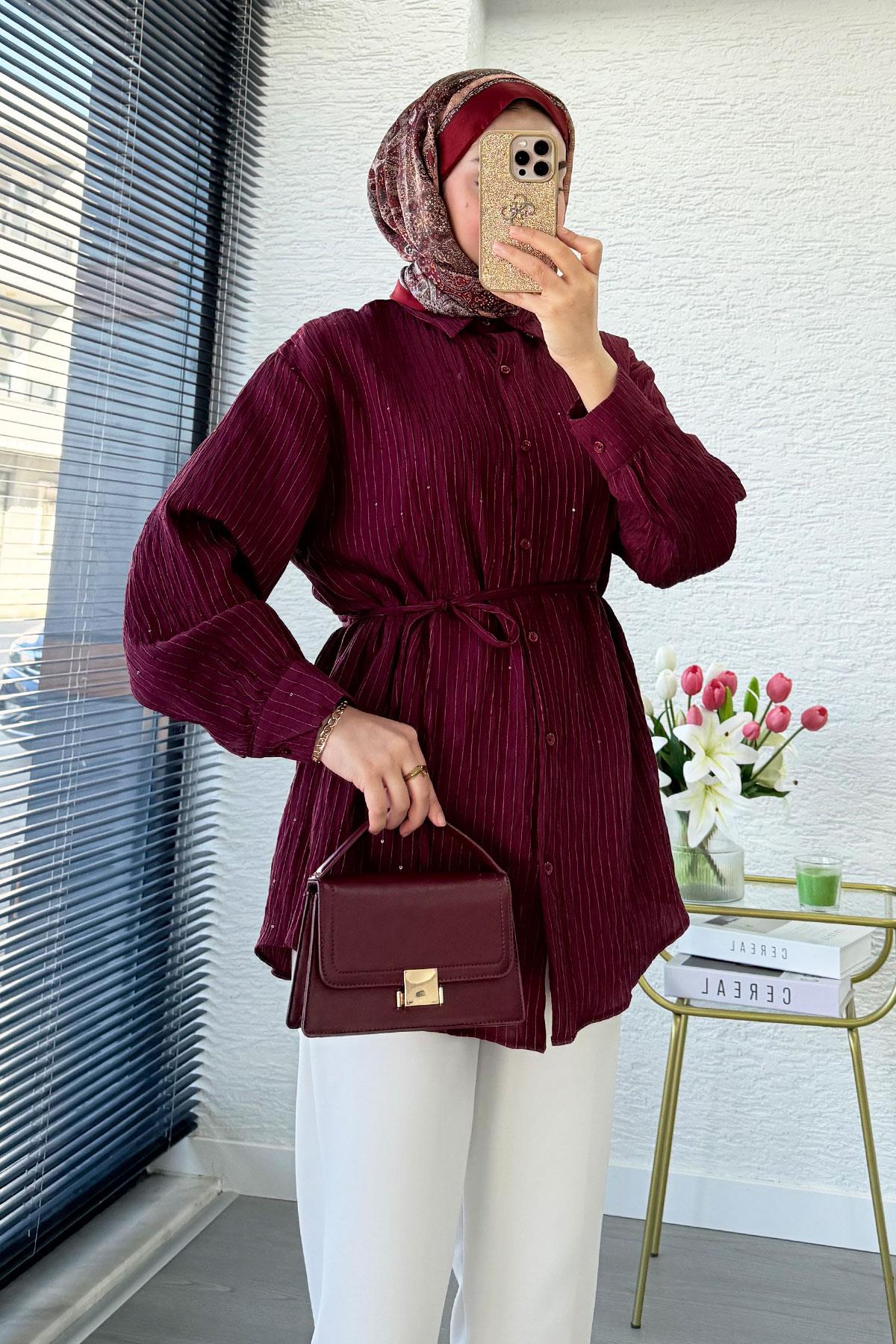 Pul Detaylı Kemerli Kadın Gömlek Tunik – Bordo