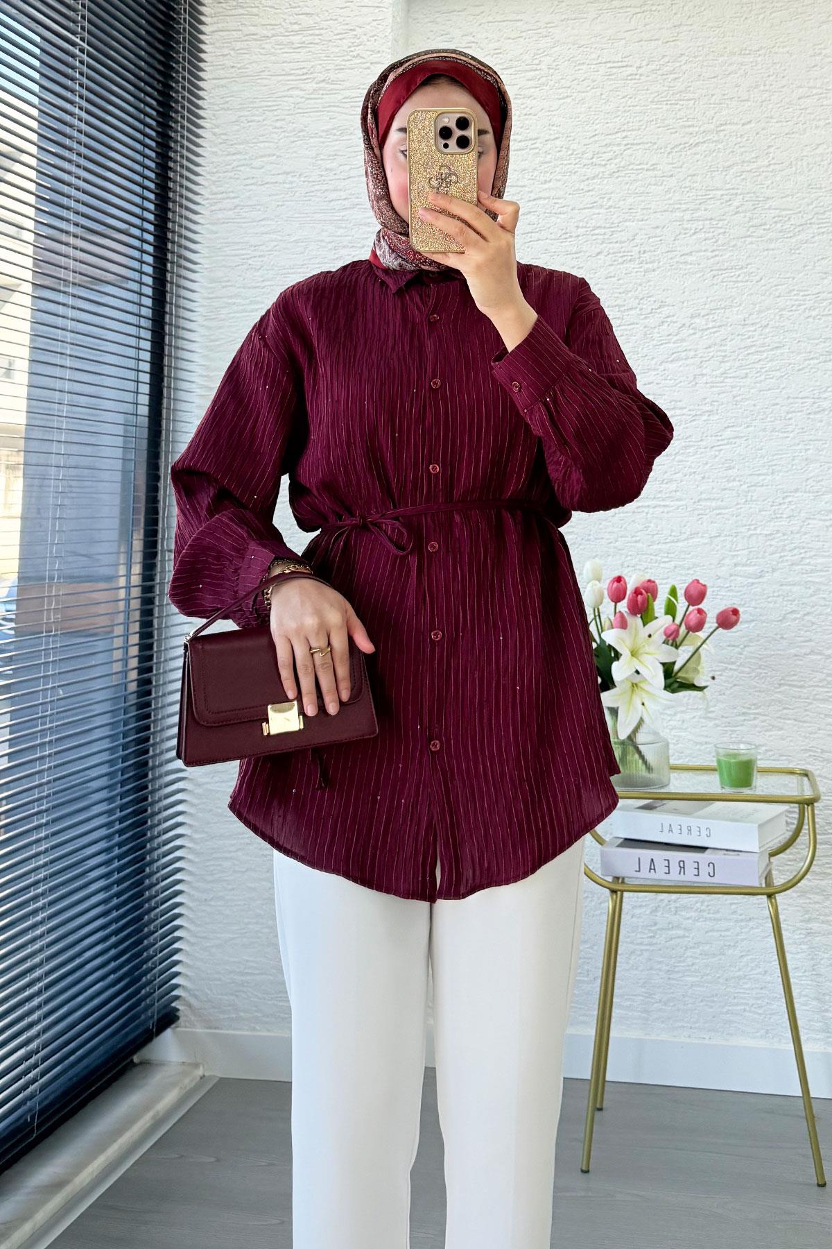 Pul Detaylı Kemerli Kadın Gömlek Tunik – Bordo