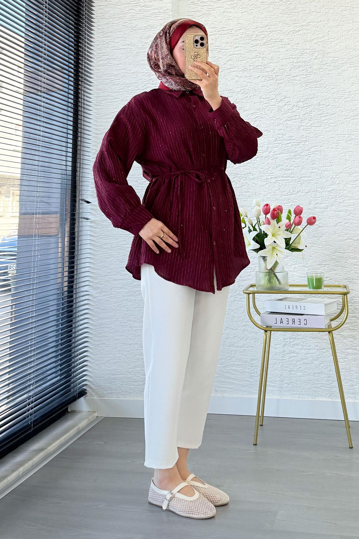 Pul Detaylı Kemerli Kadın Gömlek Tunik – Bordo