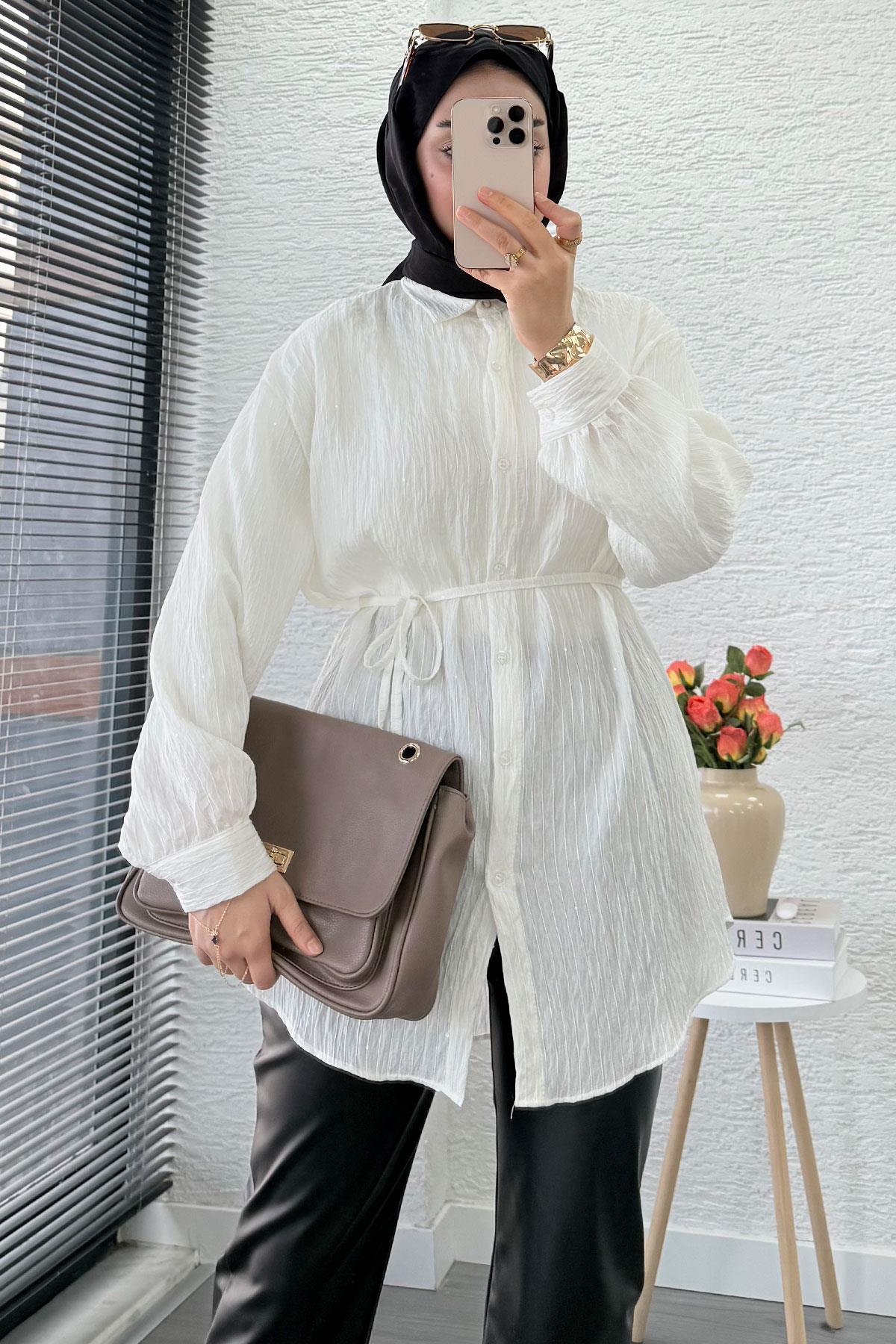 Pul Detaylı Kemerli Kadın Gömlek Tunik – Beyaz