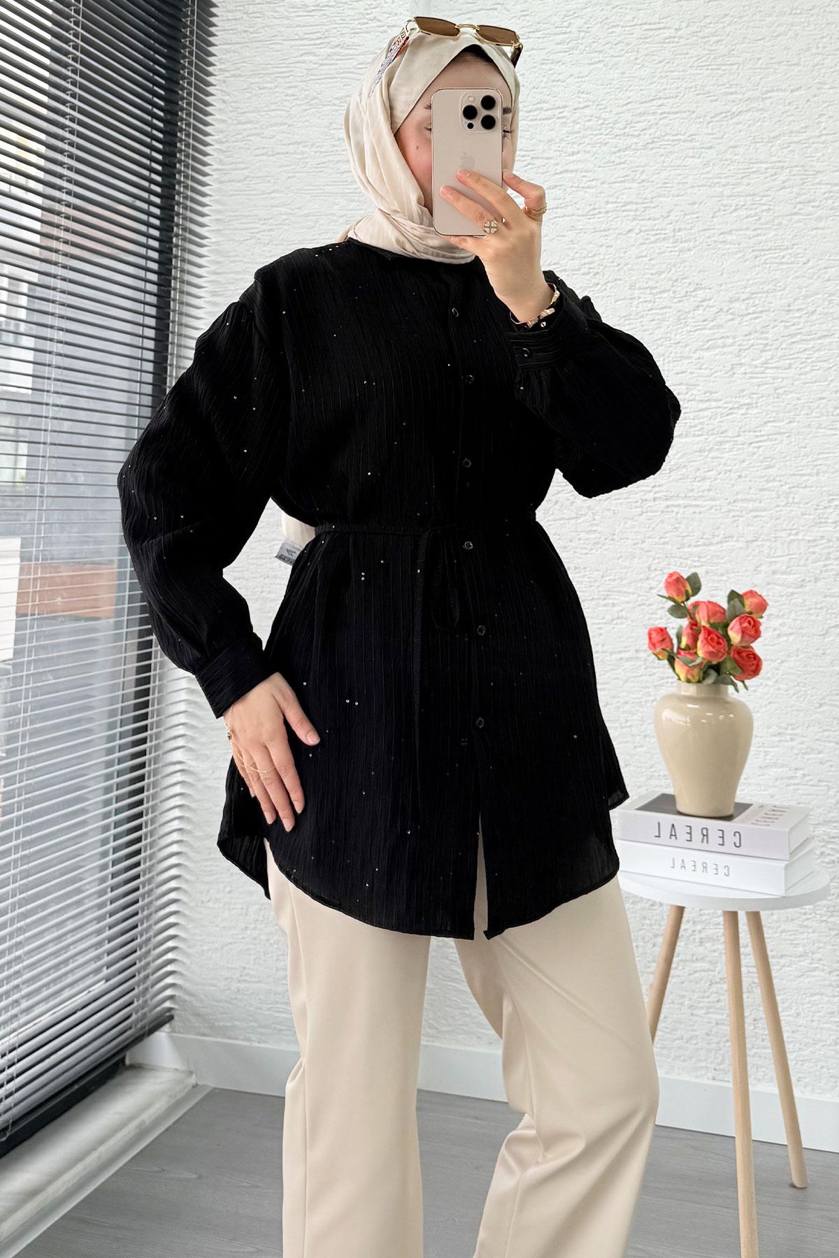 Pul Detaylı Kemerli Kadın Gömlek Tunik – Siyah