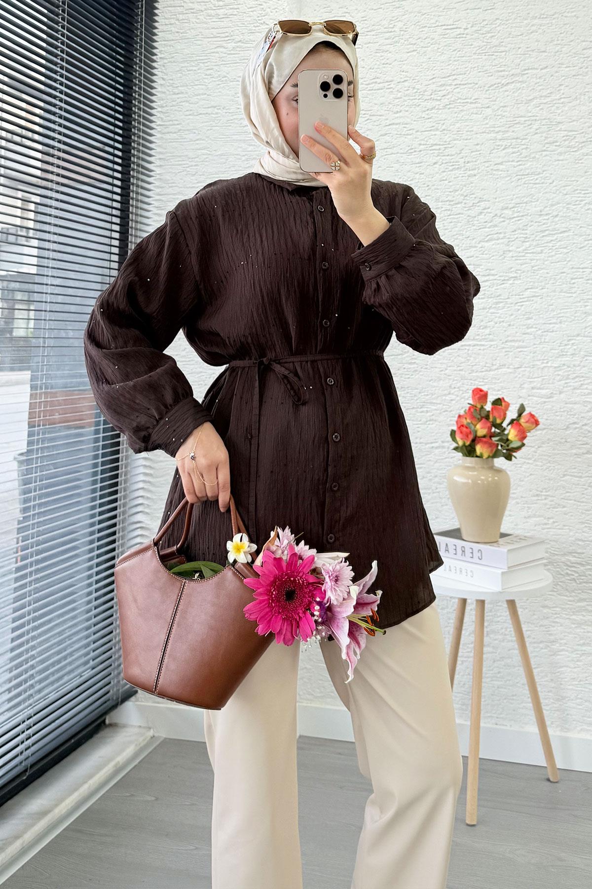 Pul Detaylı Kemerli Kadın Gömlek Tunik – Kahverengi