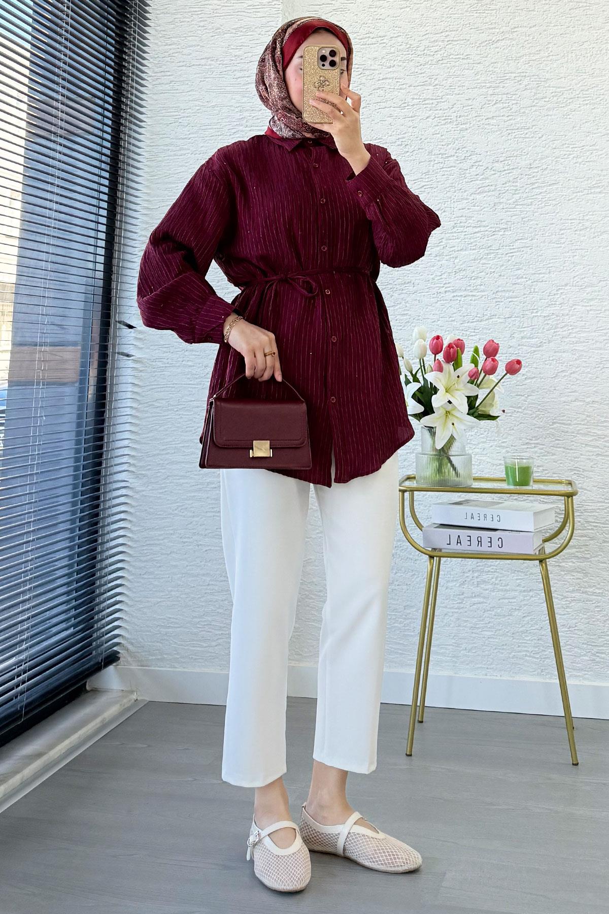 Pul Detaylı Kemerli Kadın Gömlek Tunik – Bordo