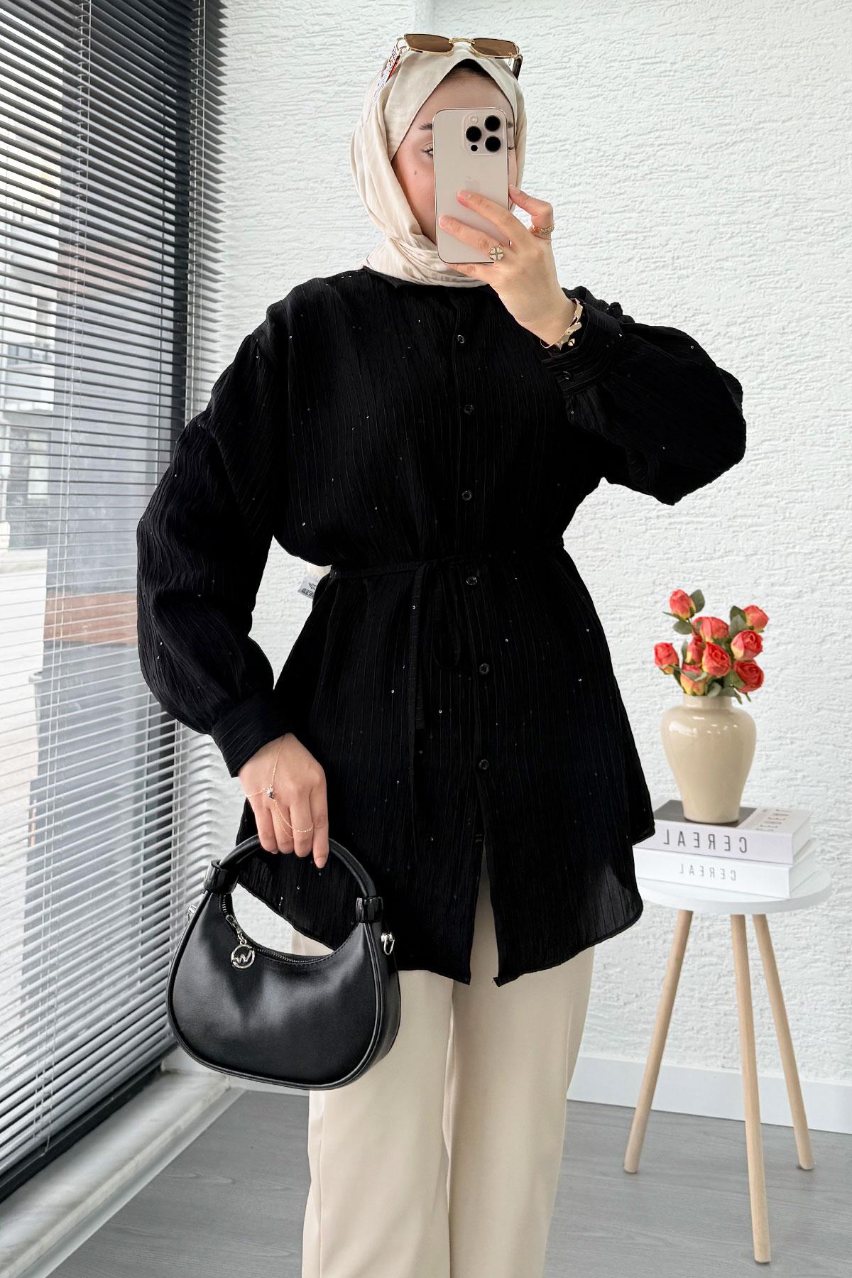 Pul Detaylı Kemerli Kadın Gömlek Tunik – Siyah