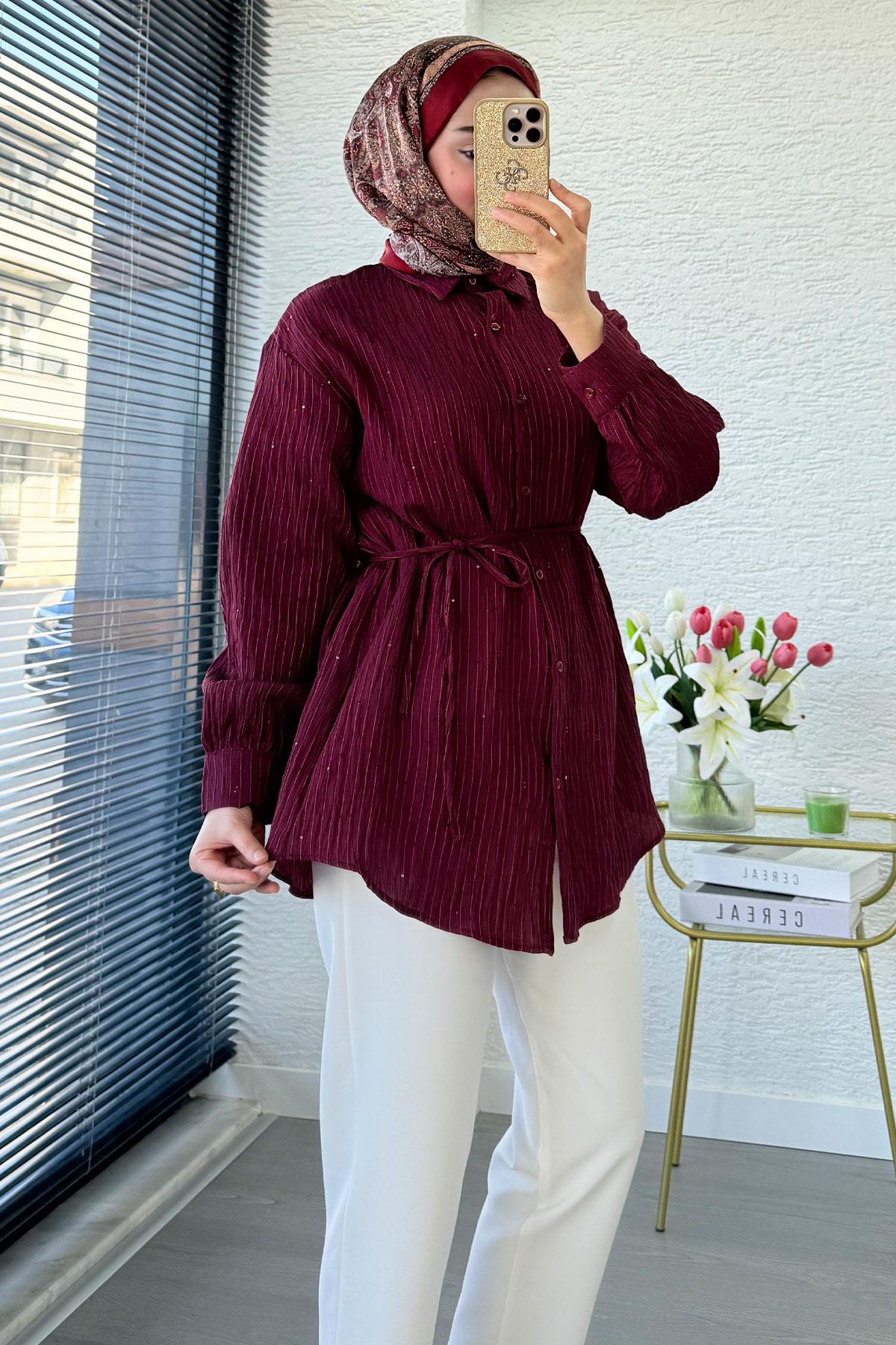 Pul Detaylı Kemerli Kadın Gömlek Tunik – Bordo