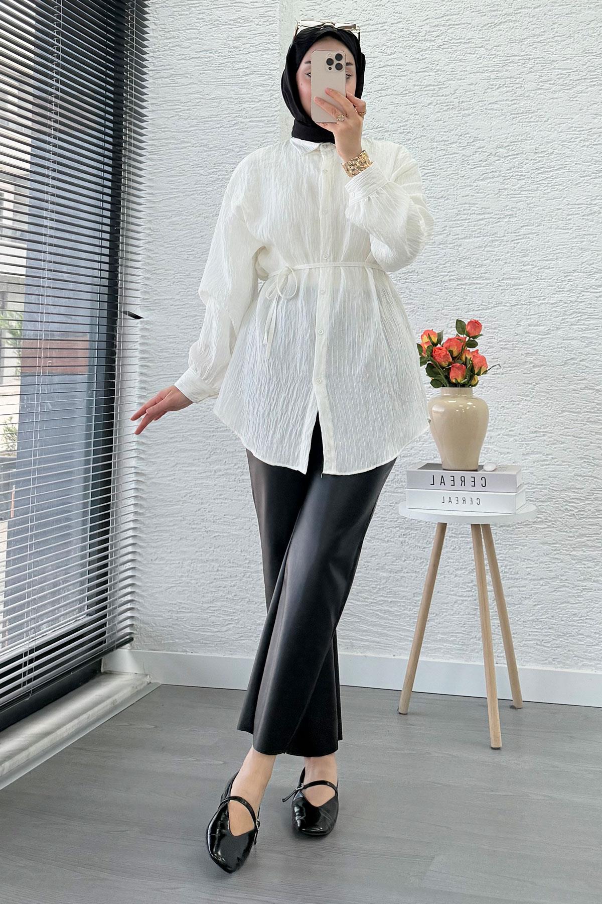 Pul Detaylı Kemerli Kadın Gömlek Tunik – Beyaz