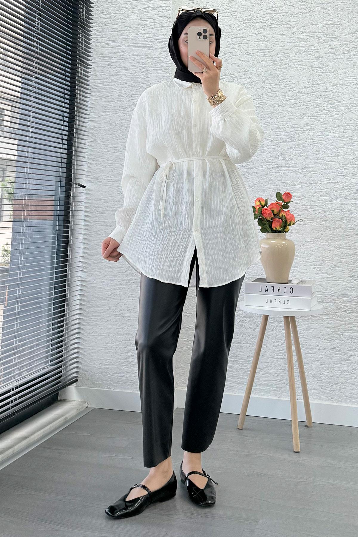 Pul Detaylı Kemerli Kadın Gömlek Tunik – Beyaz