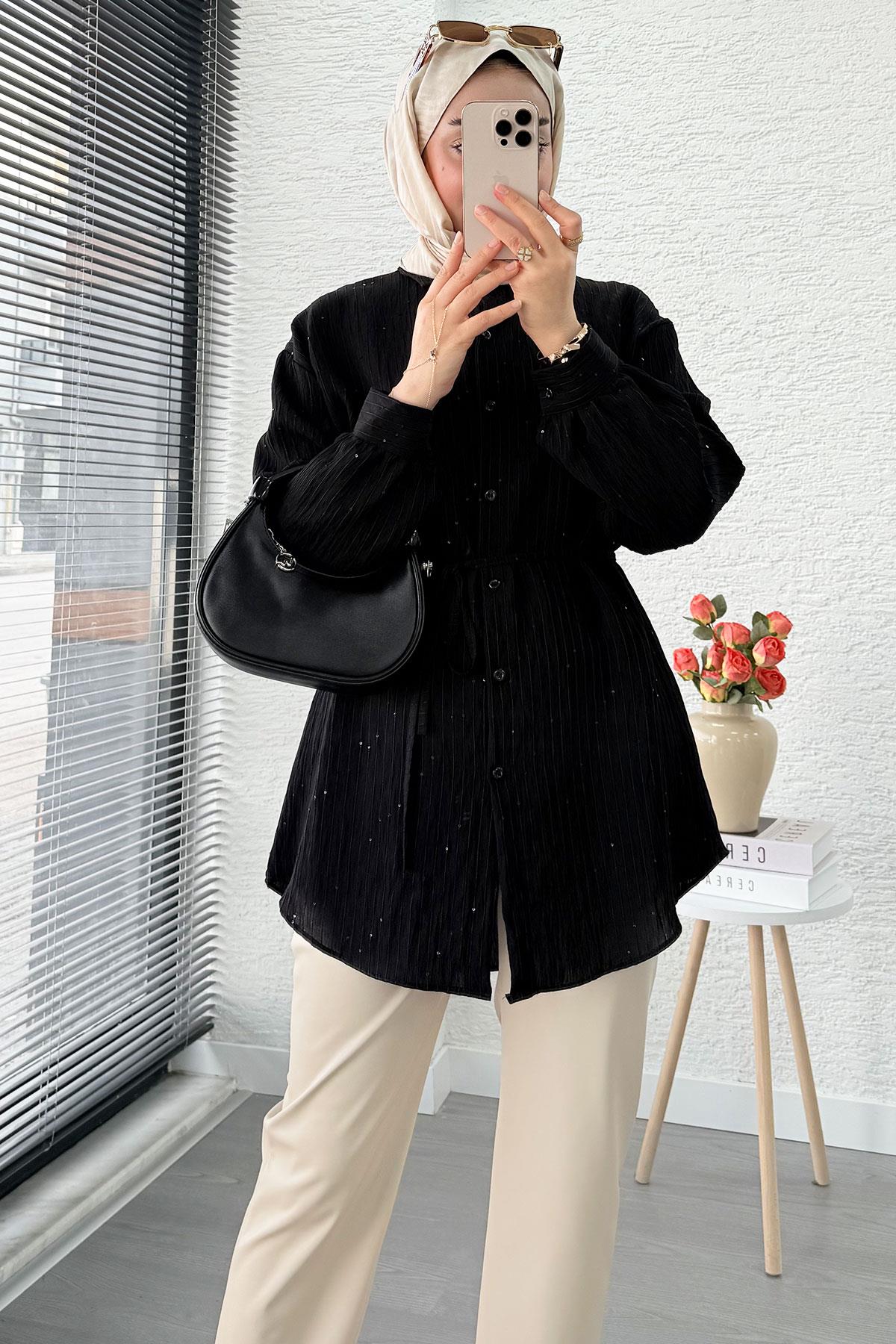 Pul Detaylı Kemerli Kadın Gömlek Tunik – Siyah