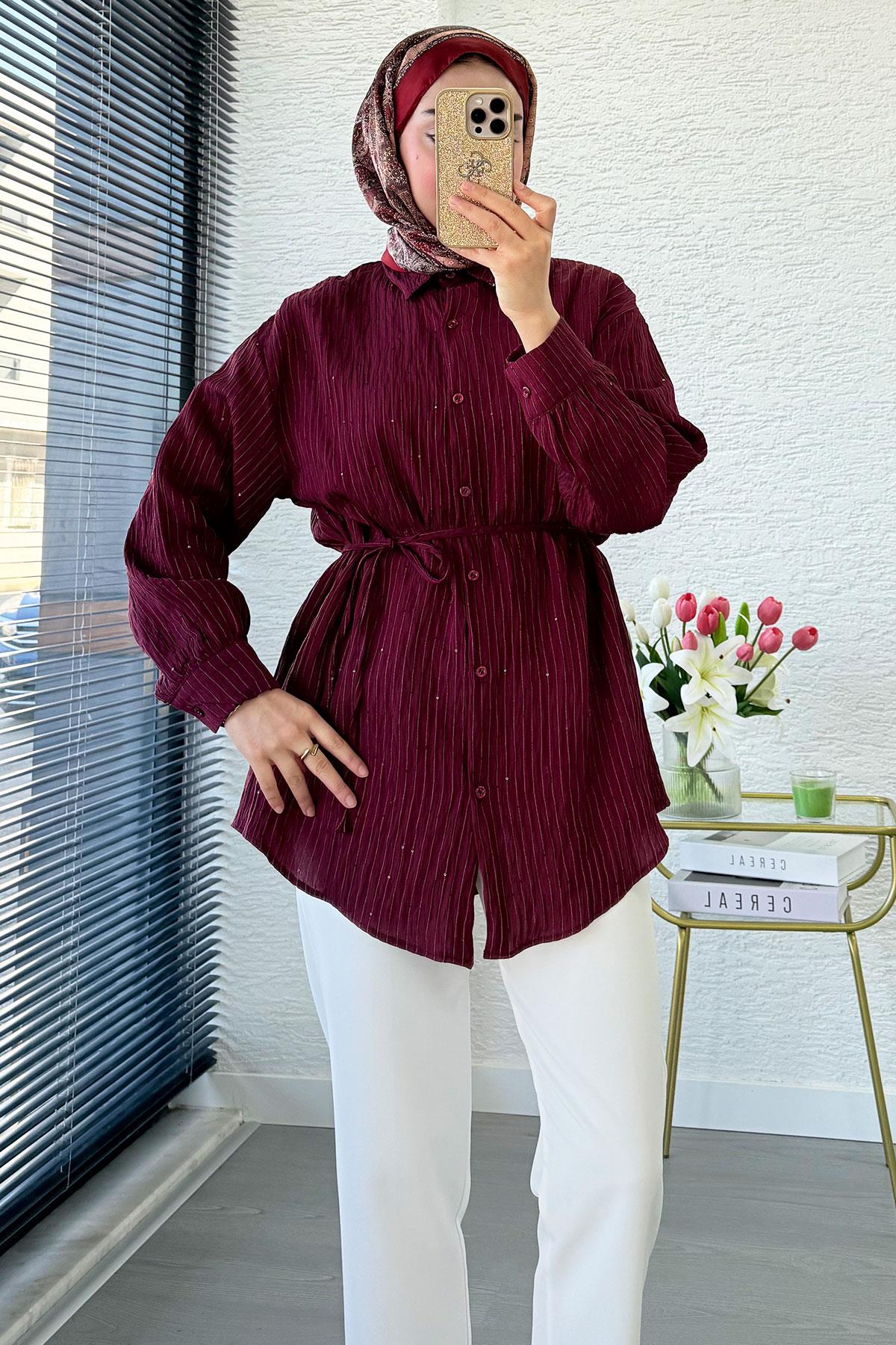 Pul Detaylı Kemerli Kadın Gömlek Tunik – Bordo