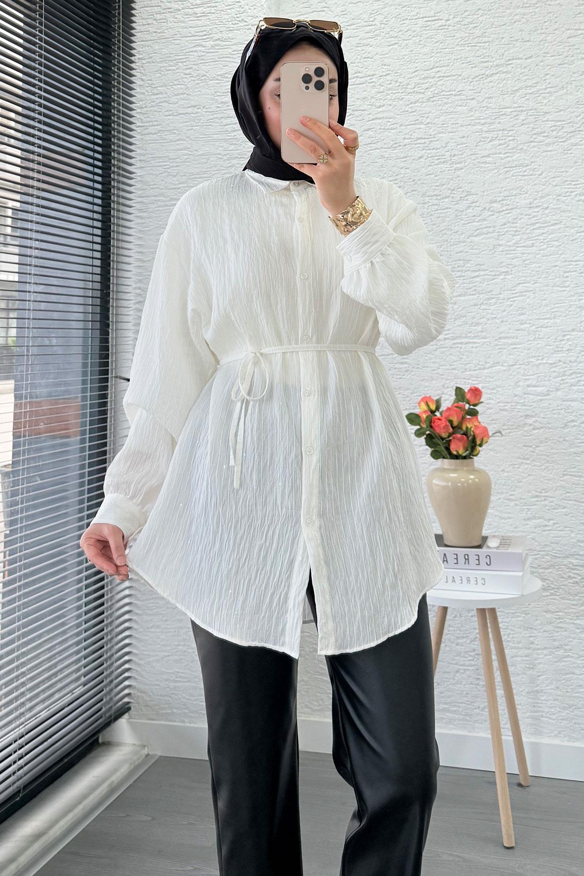 Pul Detaylı Kemerli Kadın Gömlek Tunik – Beyaz