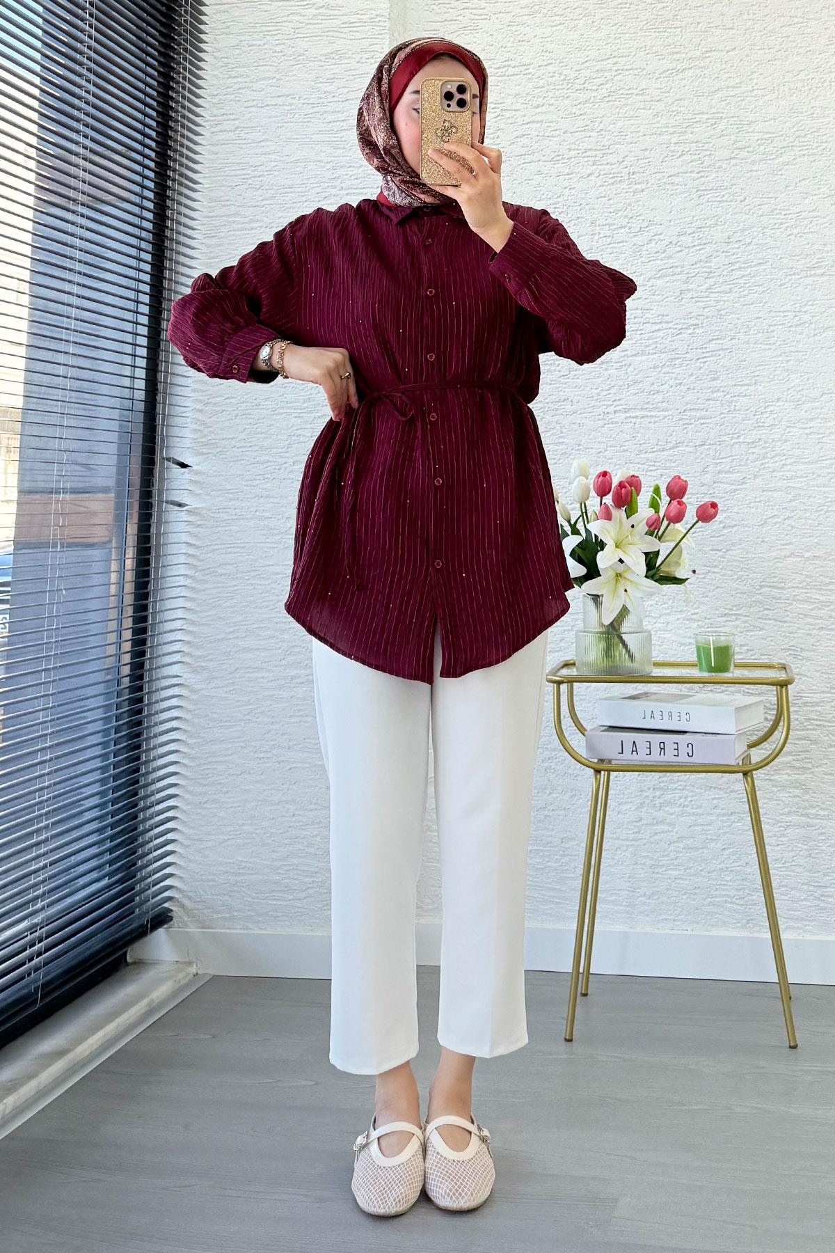 Pul Detaylı Kemerli Kadın Gömlek Tunik – Bordo