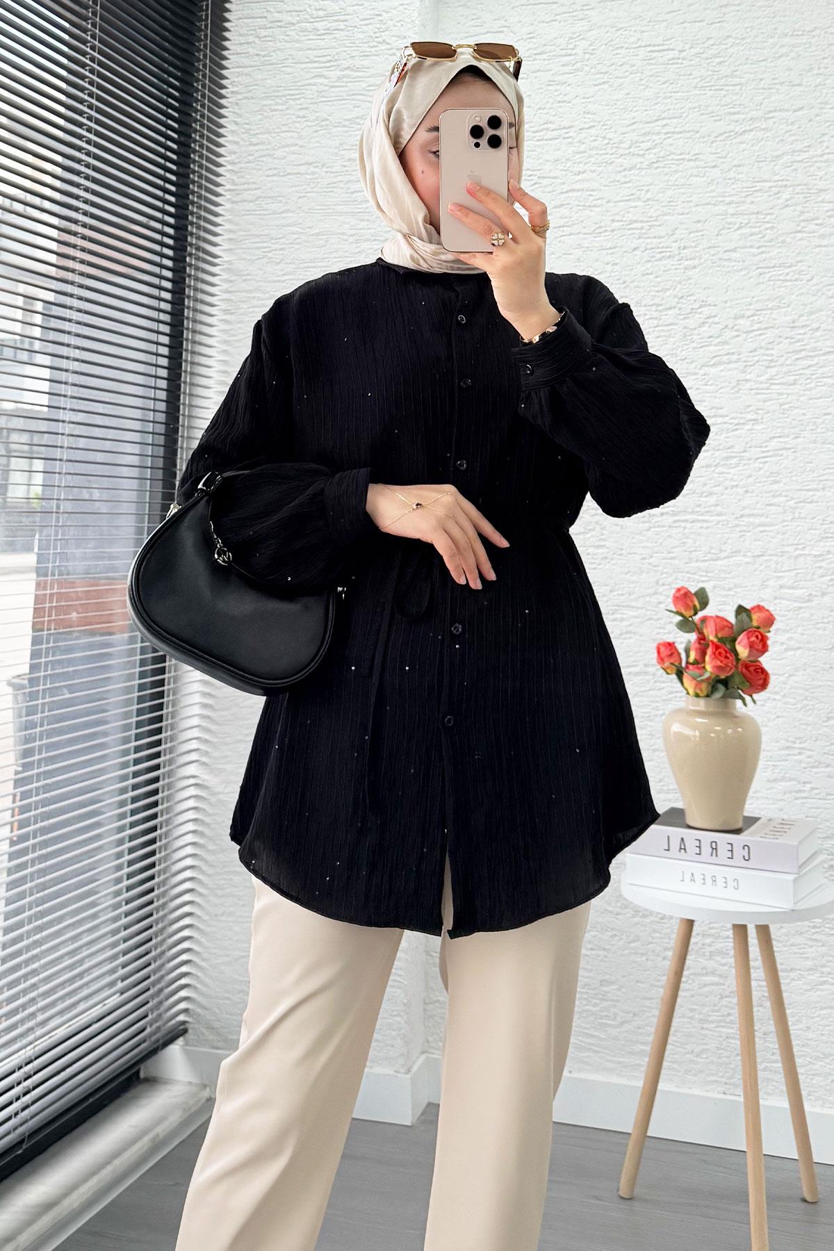 Pul Detaylı Kemerli Kadın Gömlek Tunik – Siyah