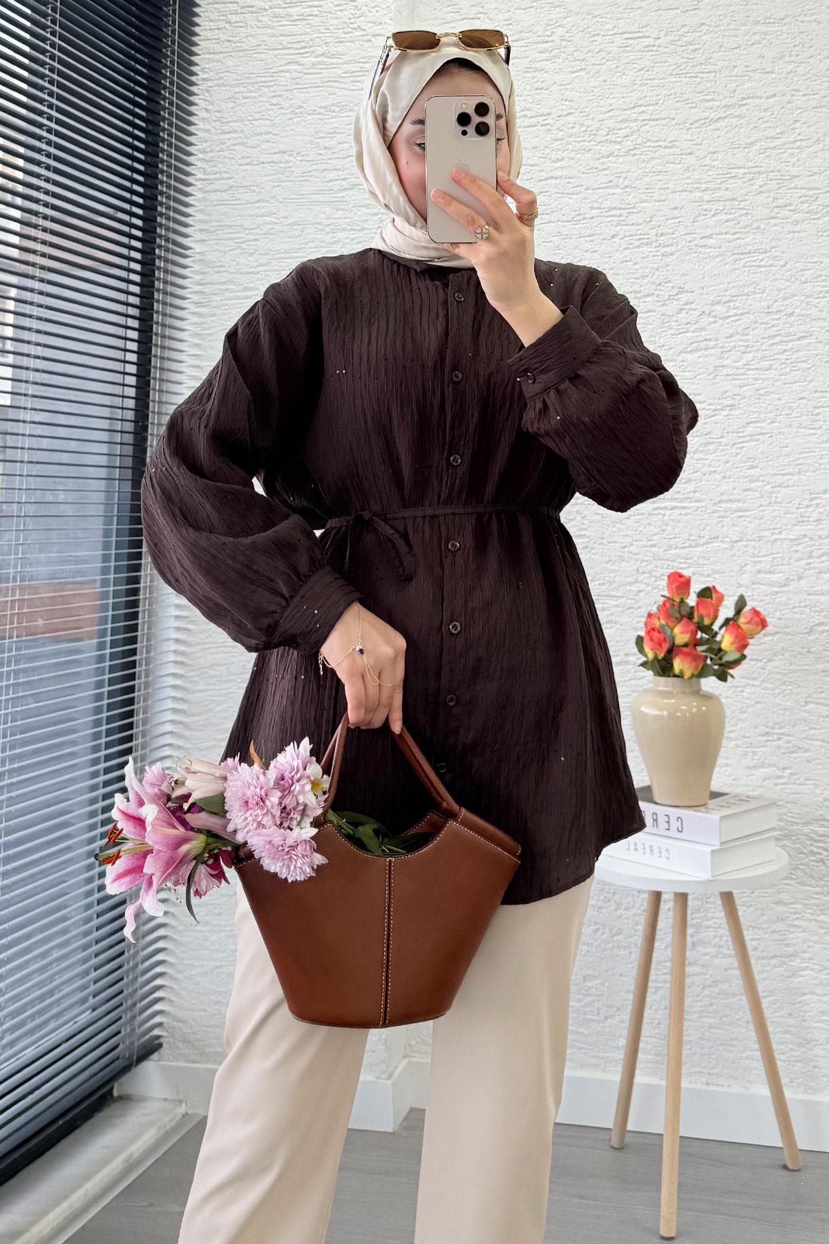 Pul Detaylı Kemerli Kadın Gömlek Tunik – Kahverengi