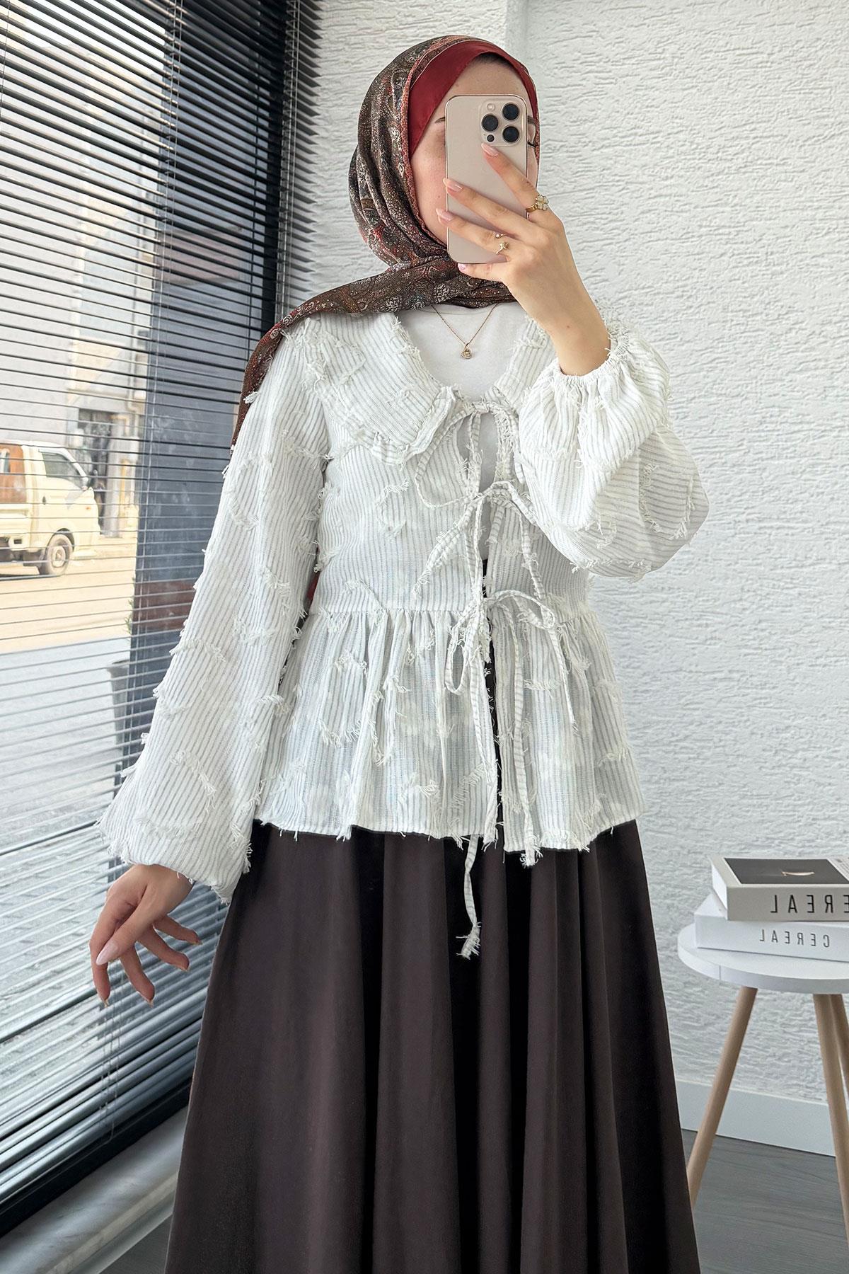 Püsküllü Çizgili Pamuk Kimono – Gri