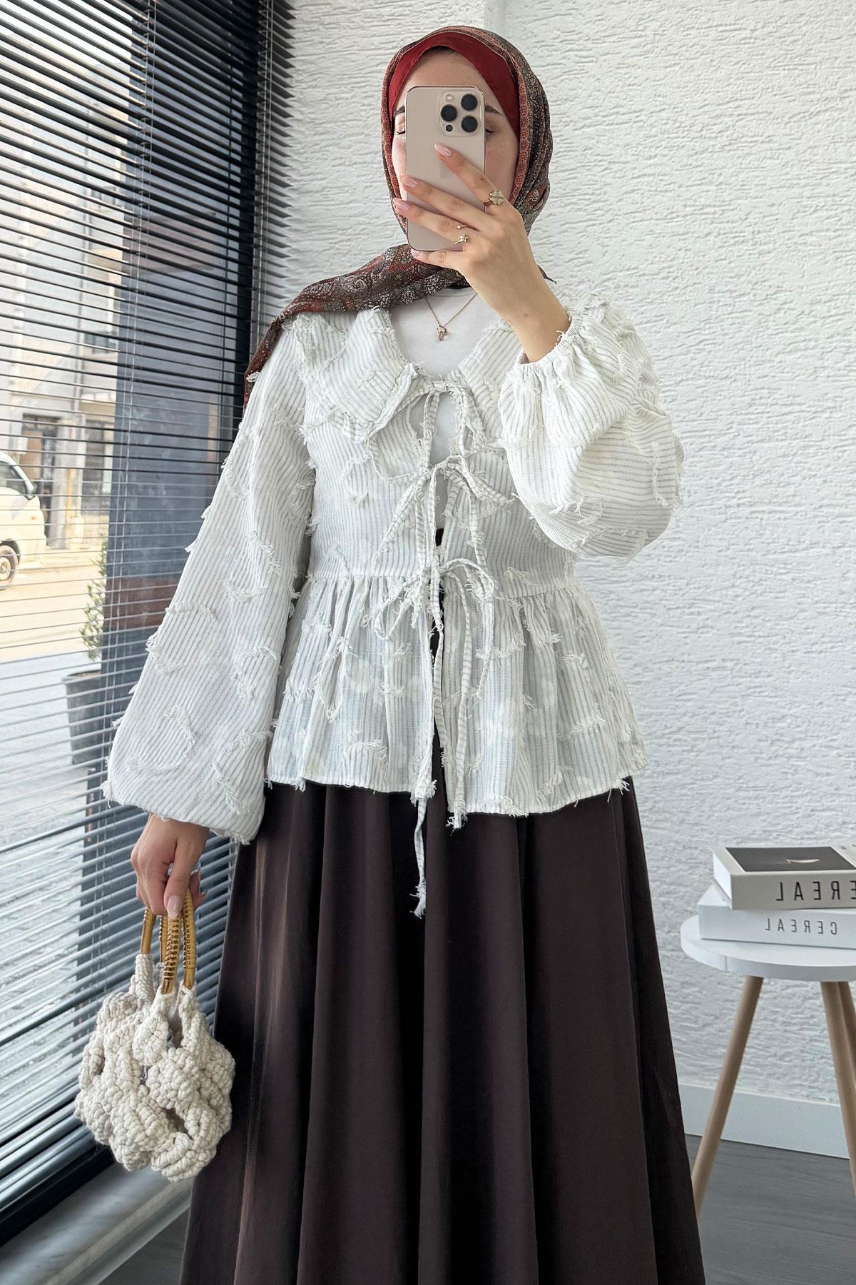 Püsküllü Çizgili Pamuk Kimono – Gri