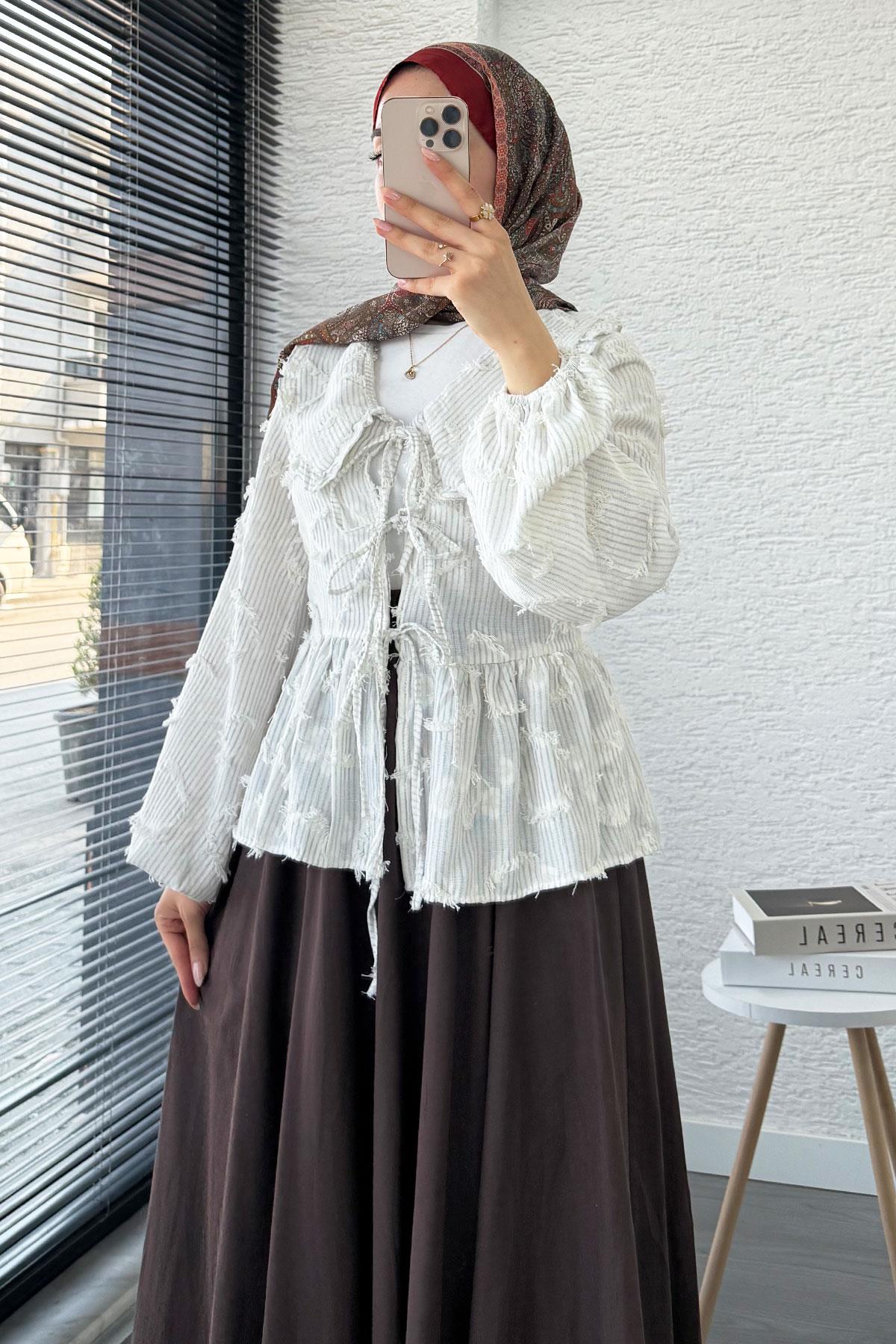 Püsküllü Çizgili Pamuk Kimono – Gri