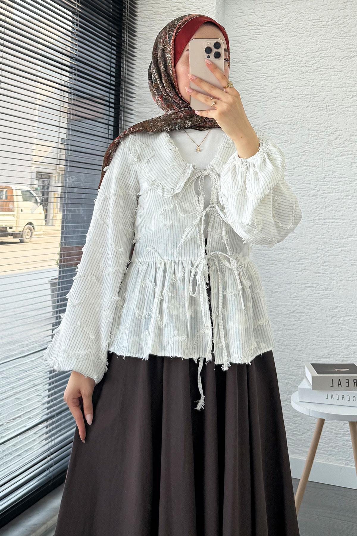 Püsküllü Çizgili Pamuk Kimono – Gri