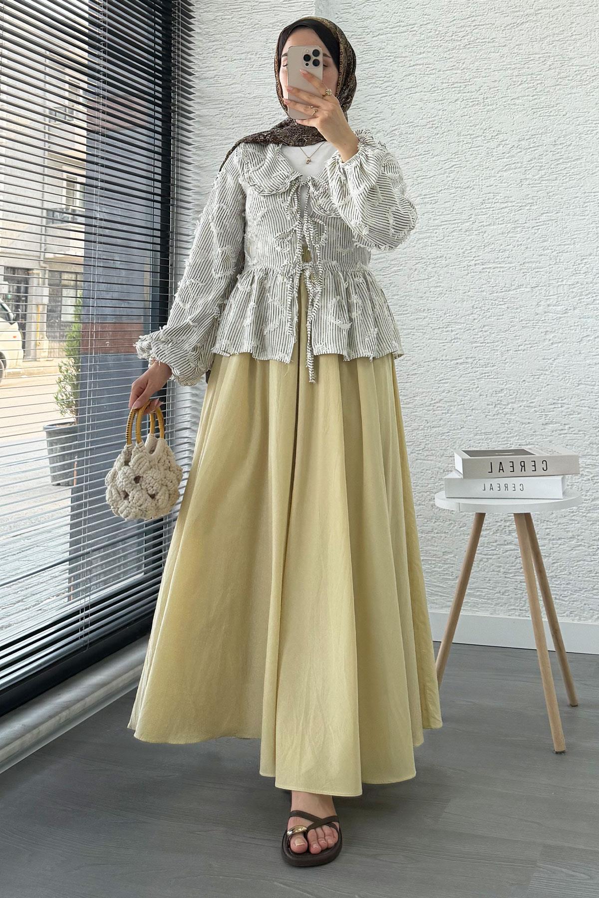 Püsküllü Çizgili Pamuk Kimono – Kahverengi