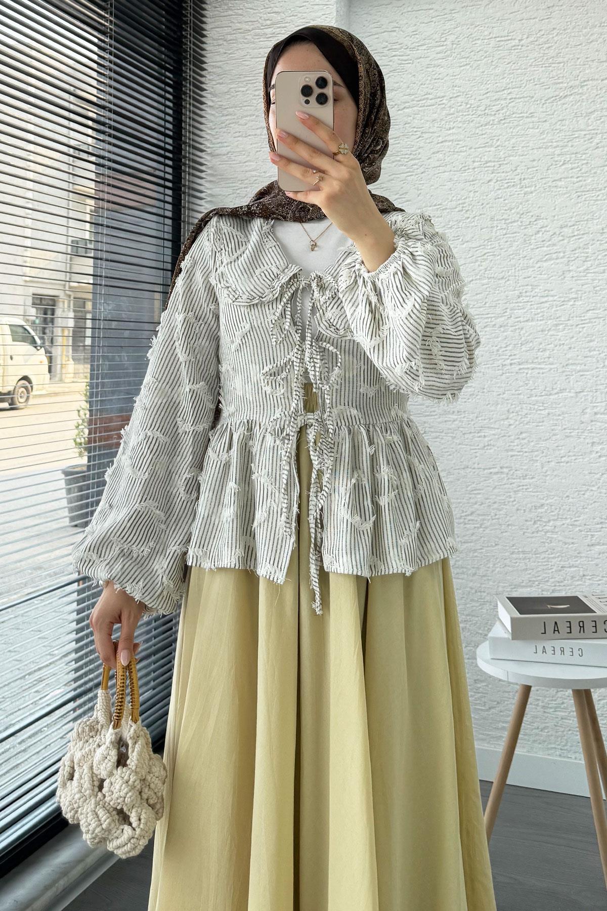 Püsküllü Çizgili Pamuk Kimono – Kahverengi