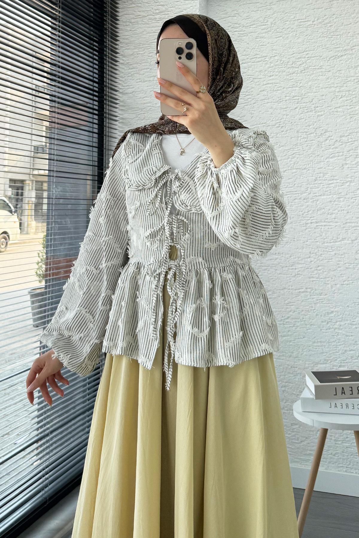 Püsküllü Çizgili Pamuk Kimono – Kahverengi