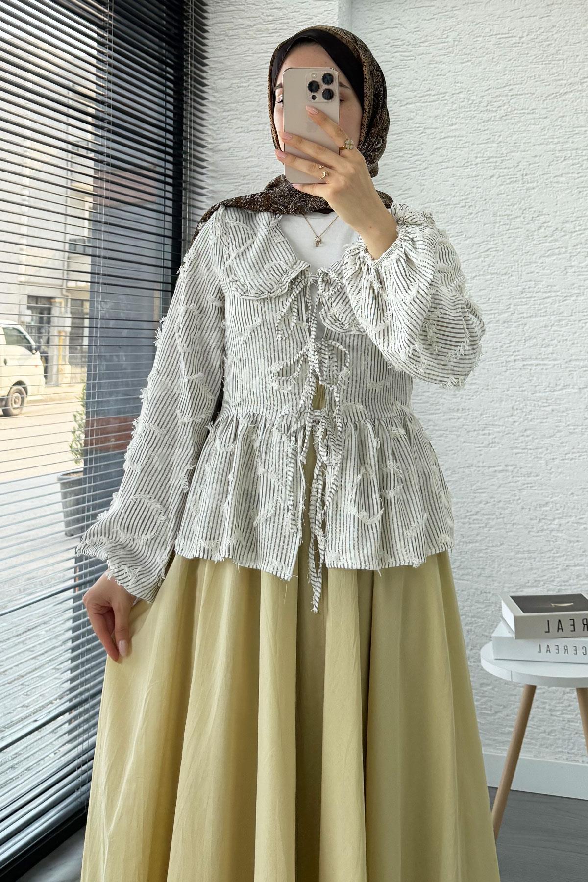 Püsküllü Çizgili Pamuk Kimono – Kahverengi