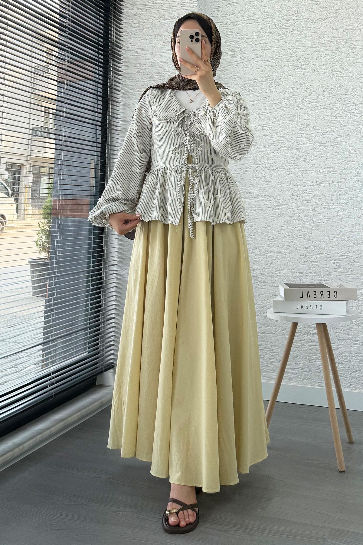 Püsküllü Çizgili Pamuk Kimono – Kahverengi