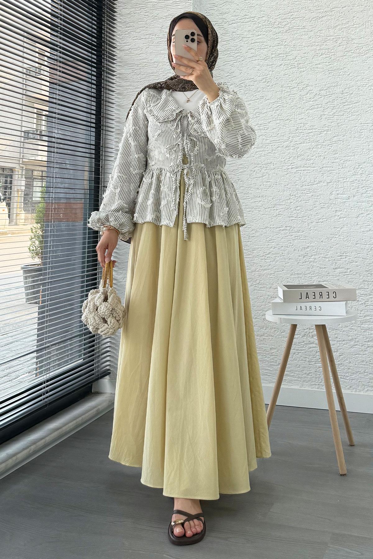 Püsküllü Çizgili Pamuk Kimono – Kahverengi