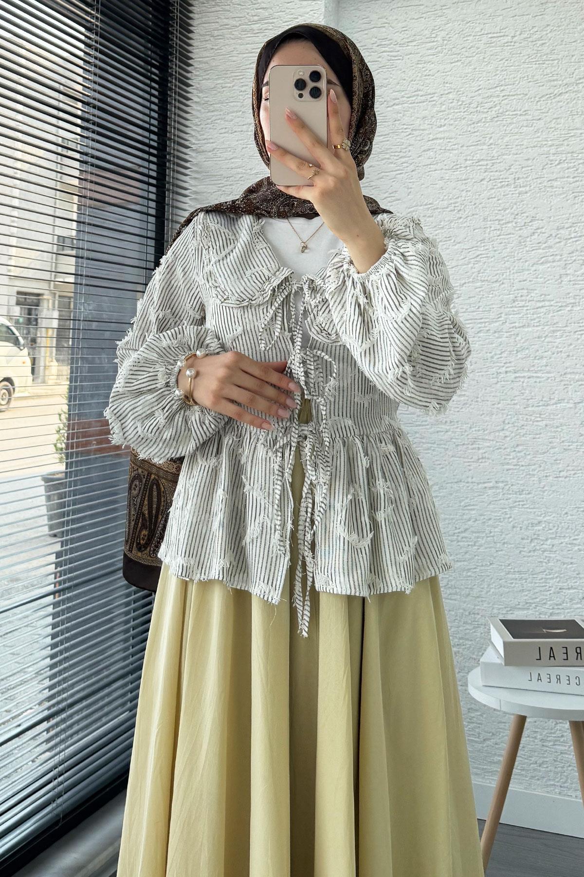 Püsküllü Çizgili Pamuk Kimono – Kahverengi