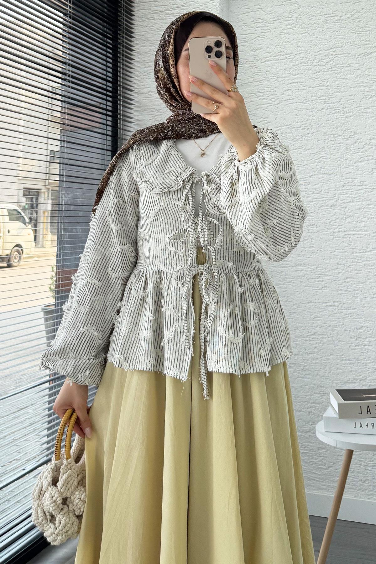 Püsküllü Çizgili Pamuk Kimono – Kahverengi