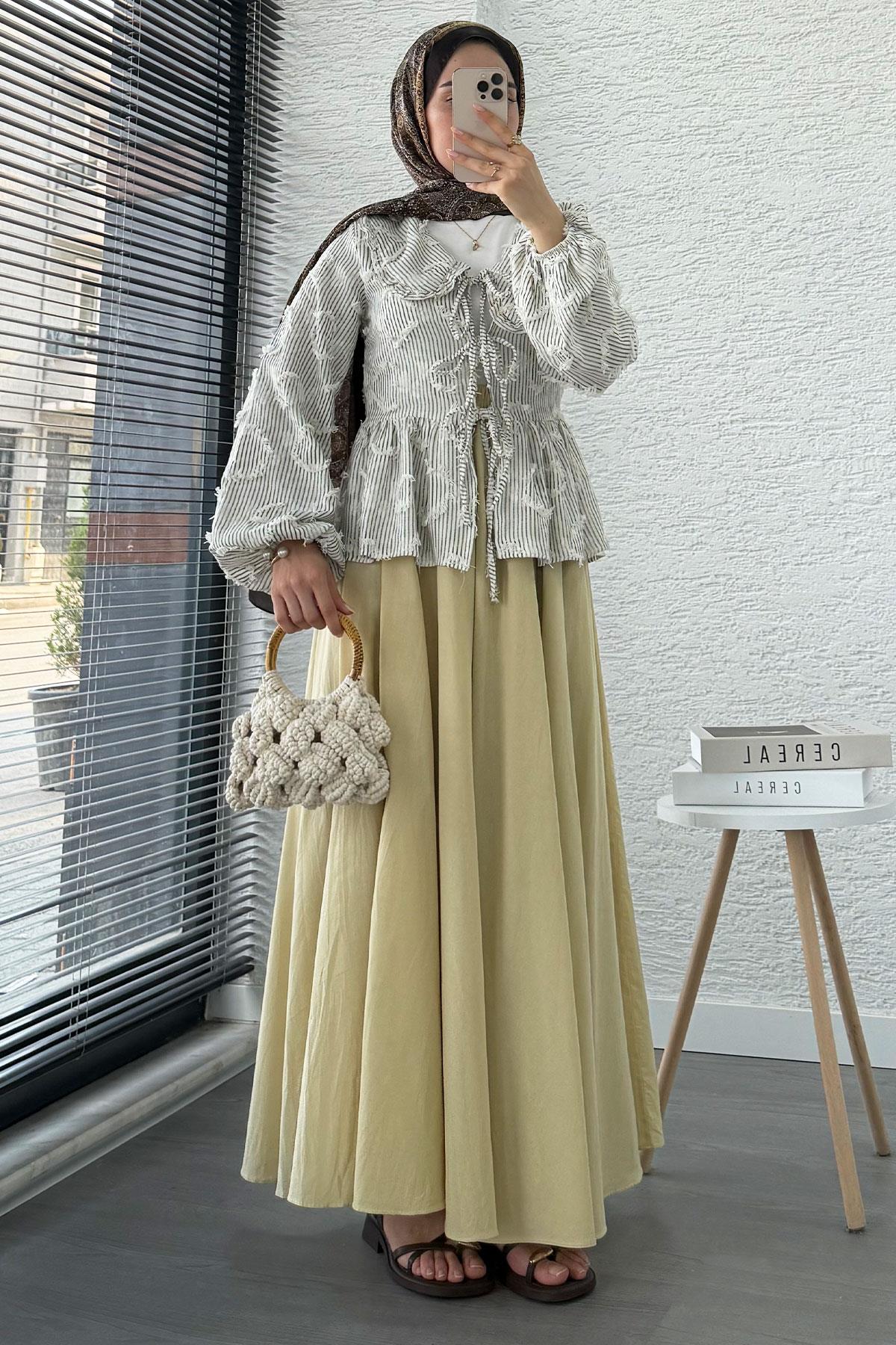 Püsküllü Çizgili Pamuk Kimono – Kahverengi