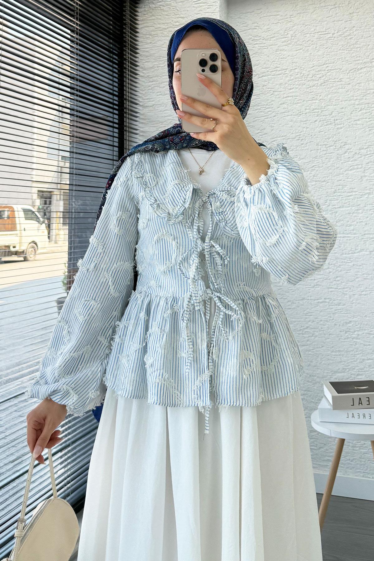 Püsküllü Çizgili Pamuk Kimono – Mavi