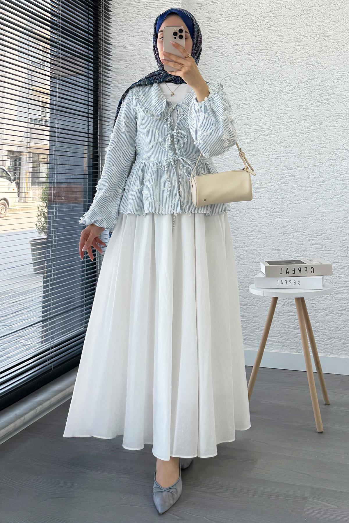 Püsküllü Çizgili Pamuk Kimono – Mavi