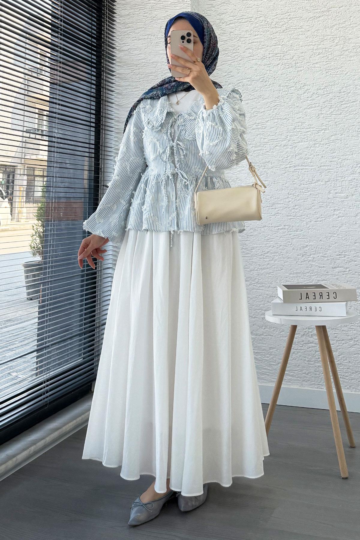 Püsküllü Çizgili Pamuk Kimono – Mavi