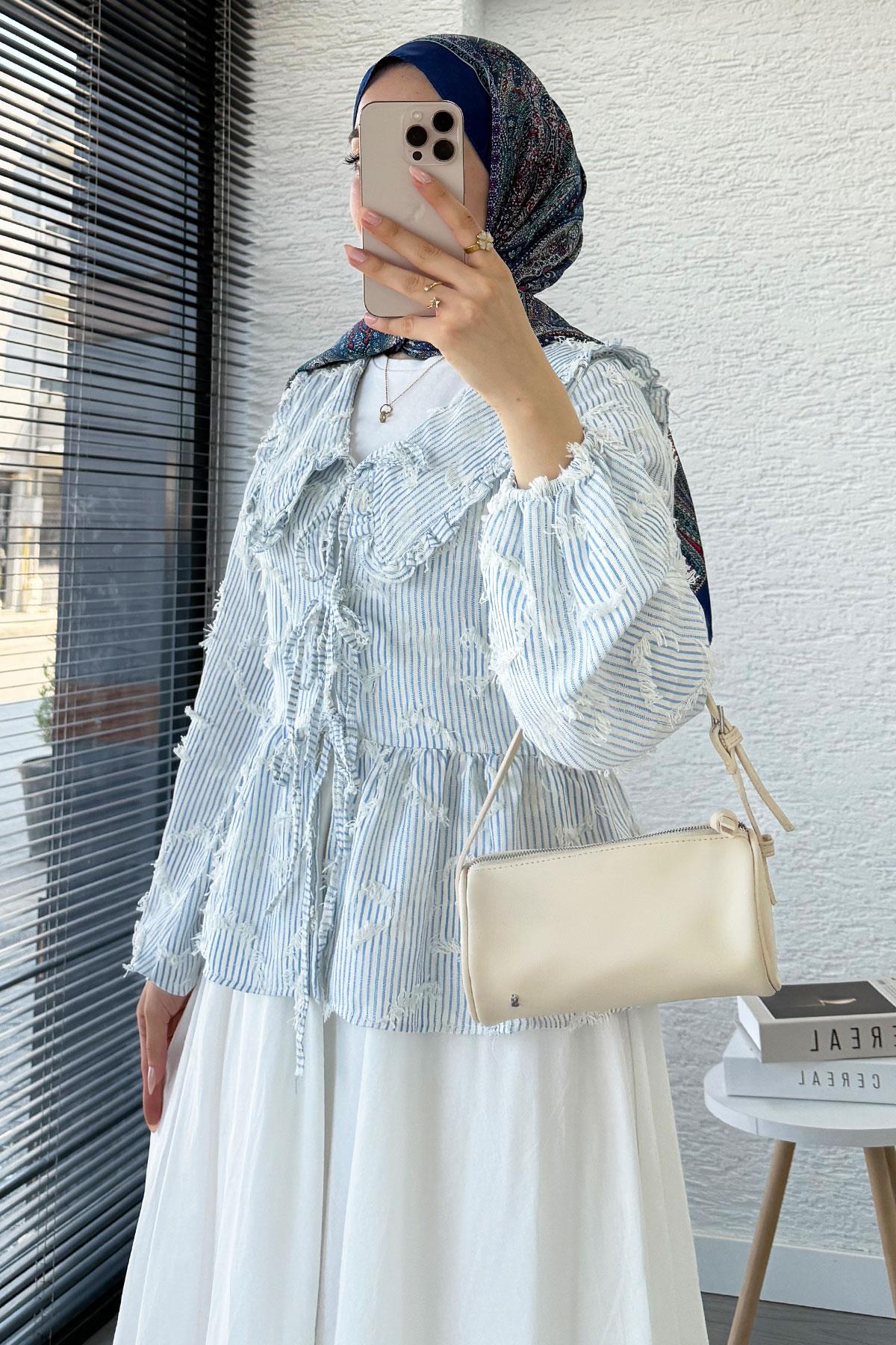 Püsküllü Çizgili Pamuk Kimono – Mavi